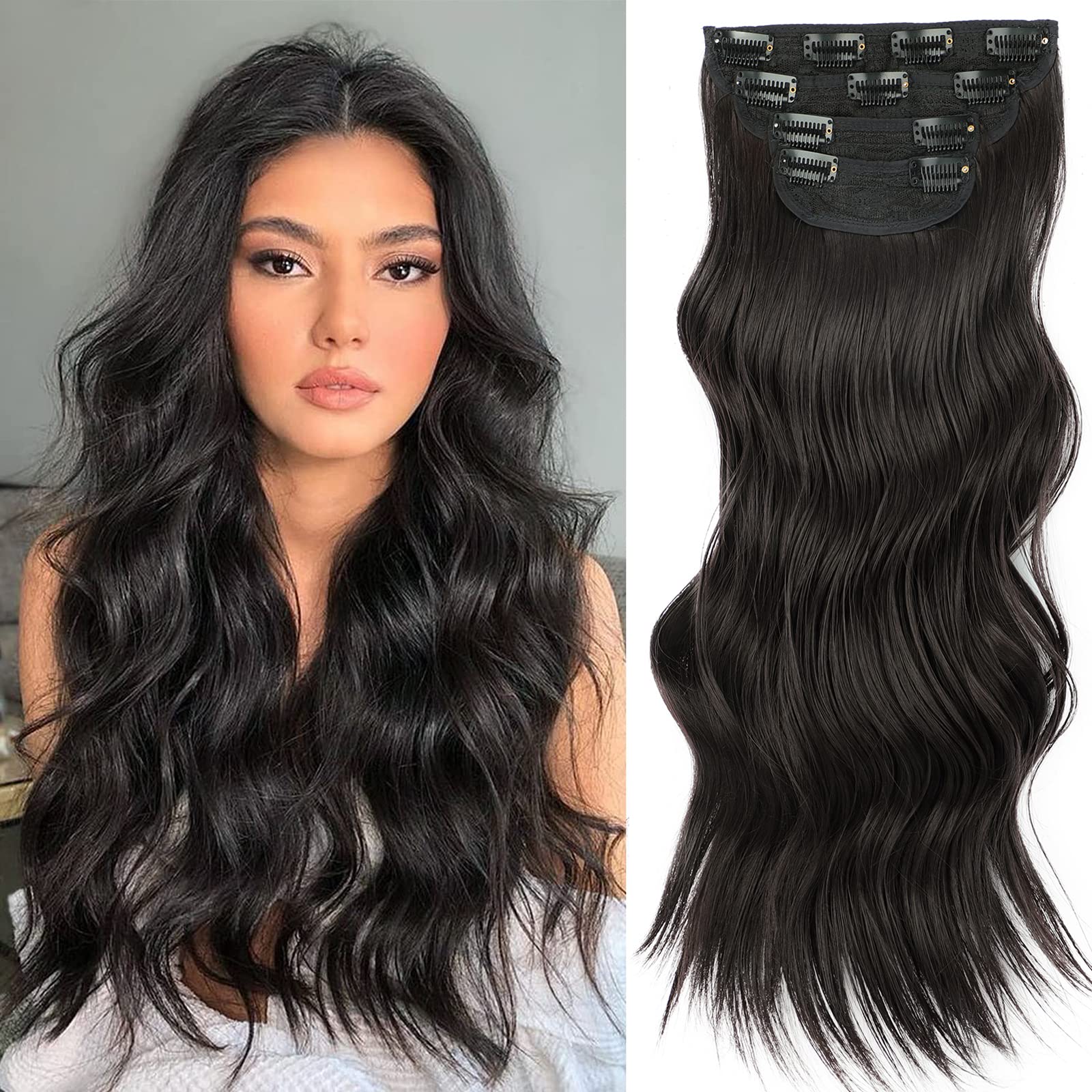 Vigorous Clip in Hair Extensions 20Inch Brown Black Hair Extension 4Pcs Natural & Soft Thick Fiber Double Weft Hairpieces for Women