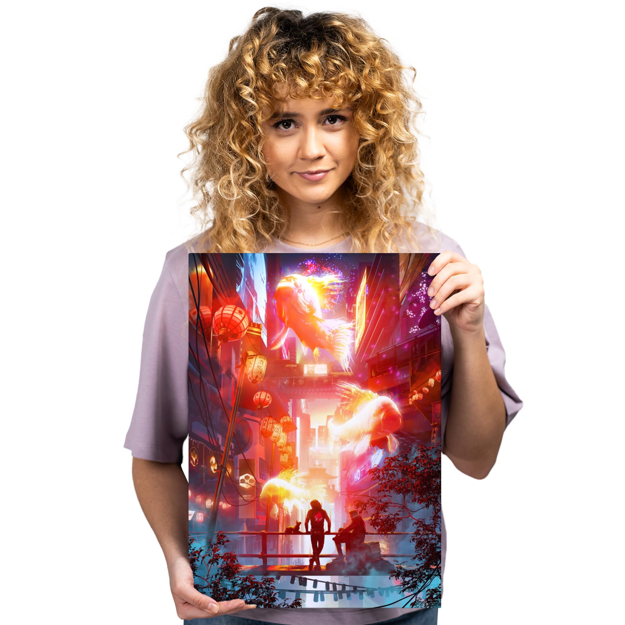 Displate Metallposter, Cyberpunk 2077 Merchandise - Festive at Night City, Wandbilder Schlafzimmer, Wanddeko, Geschenk, Wanddekoration Wohnzimmer, Poster 45 cm x 32 cm