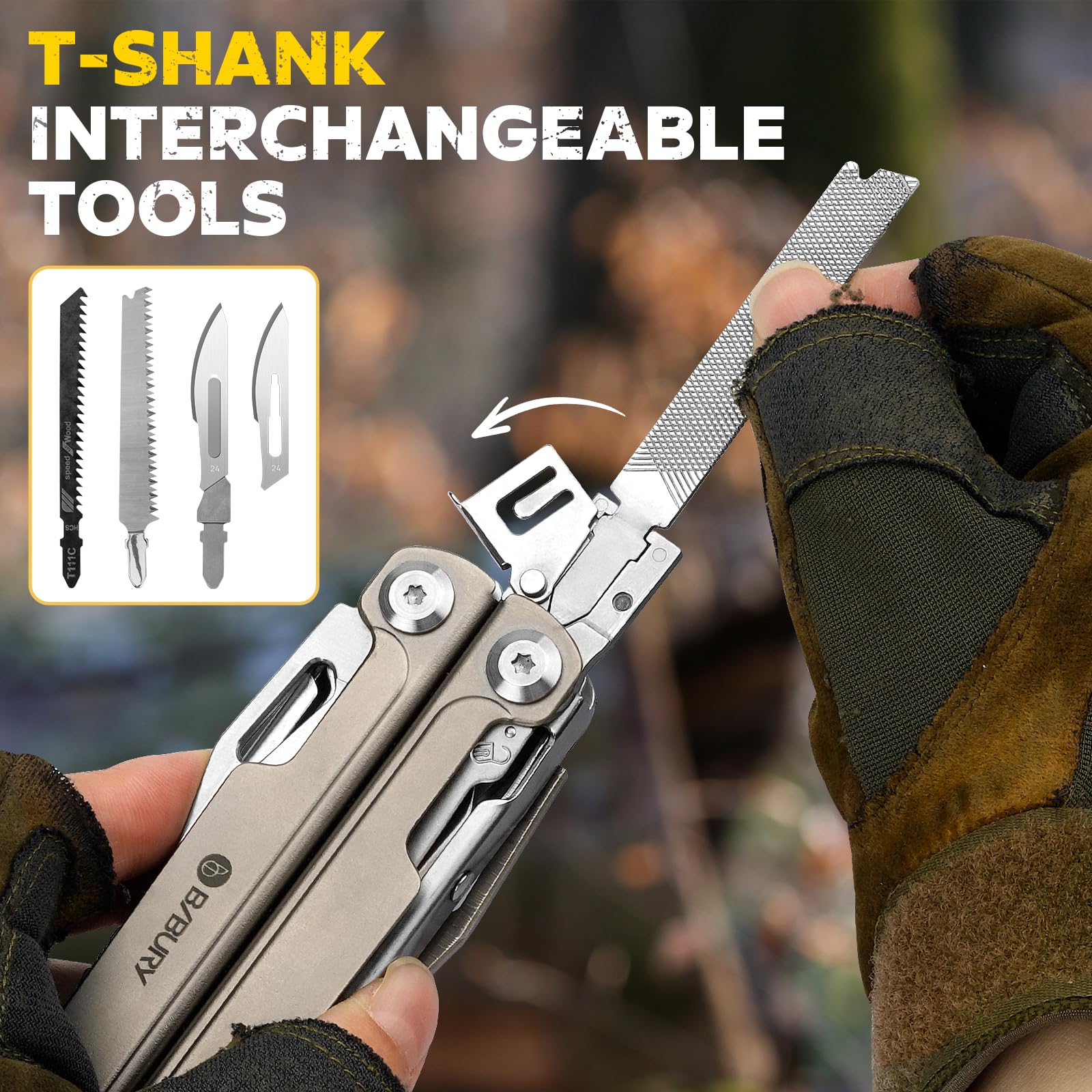 BIBURY Multiherramienta Titanio y Acero Damasco - Alicates Multiusos con Navaja Supervivencia, Tijeras, Sierra Intercambiable y Puntas - EDC Multitool para Camping, Reparar y Regalo Hombre BI2049TI
