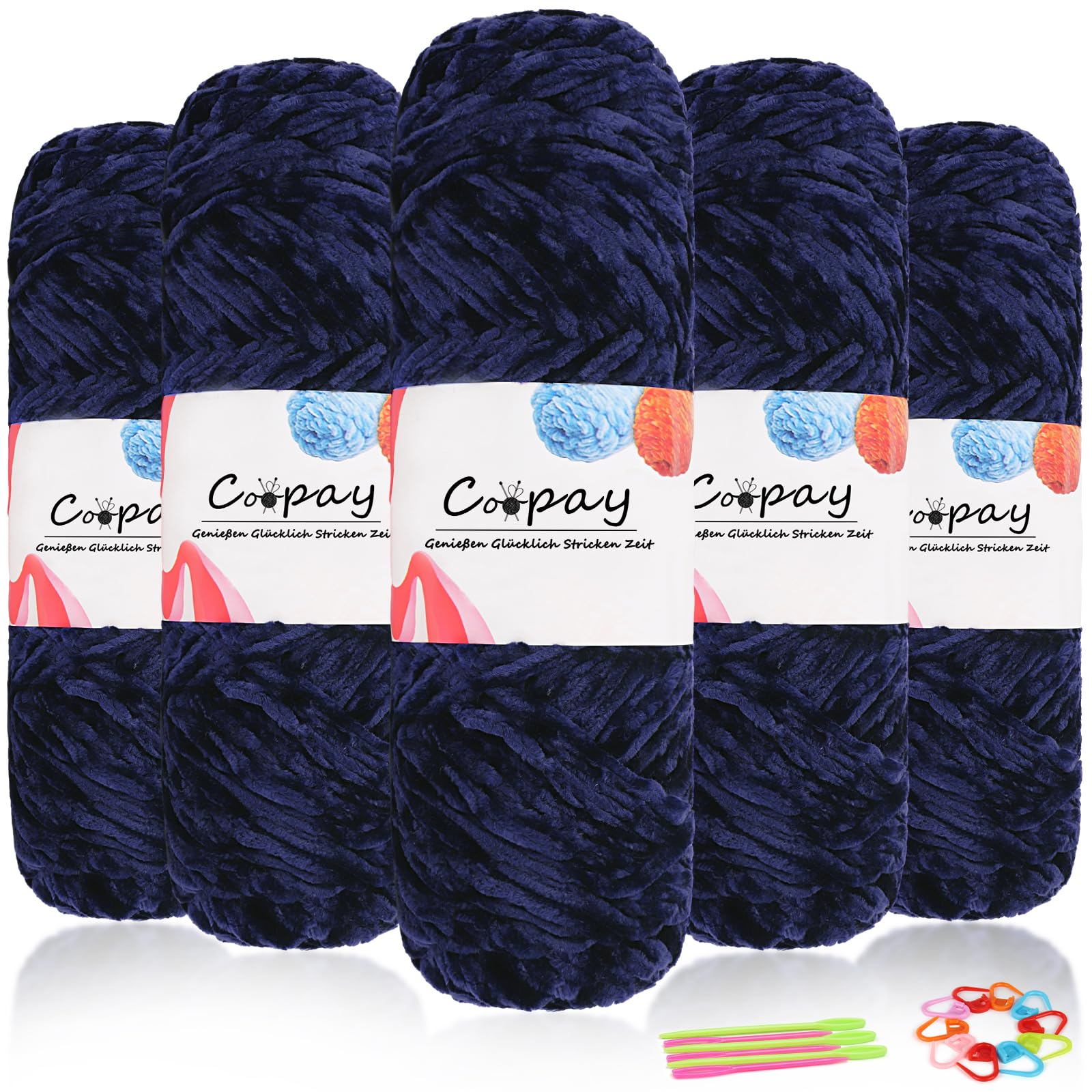 Coopay Samt Chenille Wolle zum Häkeln, 500g (5x100g) Velvet Chenillegarn, Dicke Wolle zum Stricken, Flauschige Weiche Samtig Chenillewolle mit Häkelzubehör für Schals, Decken - Marineblau