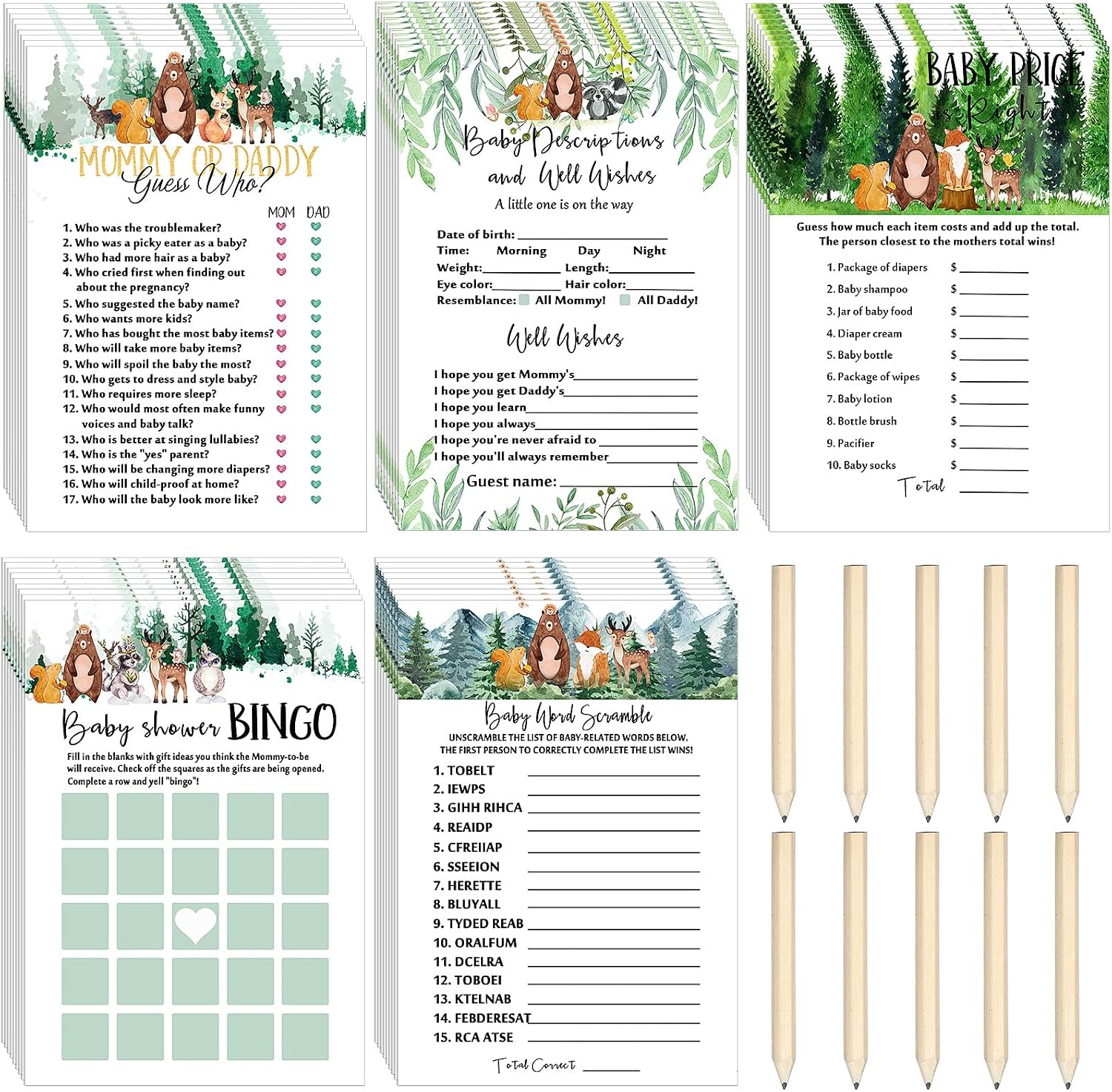 Woodland Game Cards Forest Animals, 5 Games Set Baby Shower Activities Woodland Baby Party Ideas Supplies with Pencils for Boy and Girl Include Bingo, Wishes (135 Pieces)