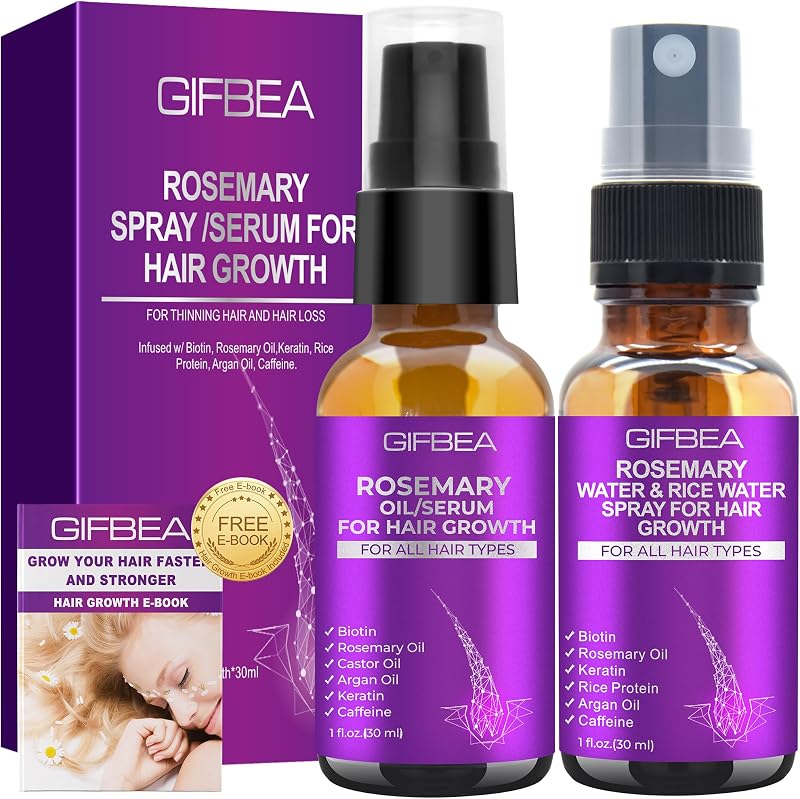 Rosemary Oil Hair Growth Serum W/Rosemary Water & Rice Water Spray Hair Growth,Biotin Castor Oil Argan Oil Caffeine Keratin Reduce Hair Loss,Restore Dry Damaged Hair Regrowth Treatments for Women Men