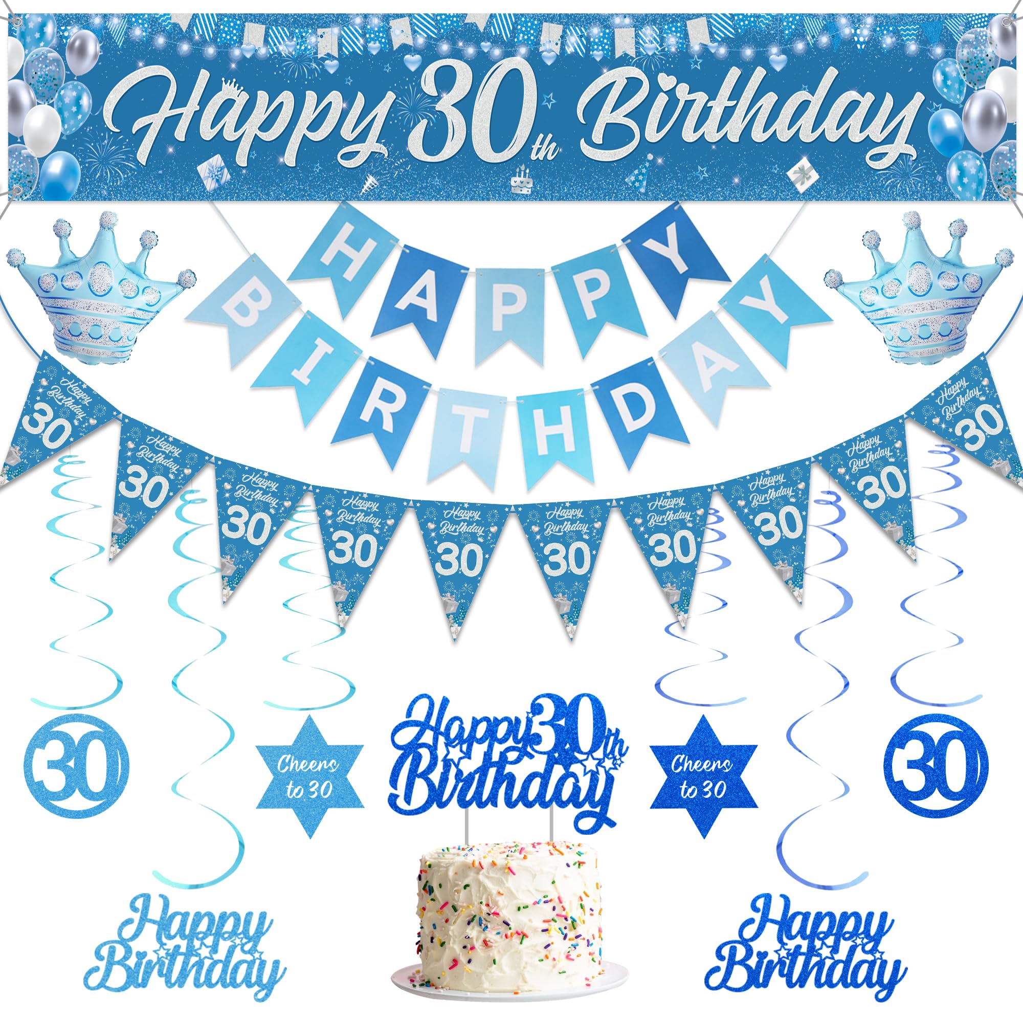 Happy 30th Birthday Banner Decorations - Blue Theme Decoration Happy Birthday Banners Cake Topper Bunting, Crown Balloons Hanging Swirls for Men Women 30 Years Old Party Decor