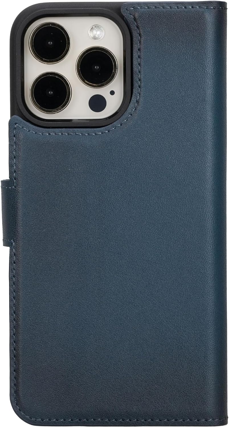 VENOULT Detachable Wallet Case for iPhone 15 Pro MAX, 4 Card Holder Wallet, Man or Women Folio Cover, Compatible with Magsafe, RFID, Genuine Leather, Kick Stand (Admiral Blue)
