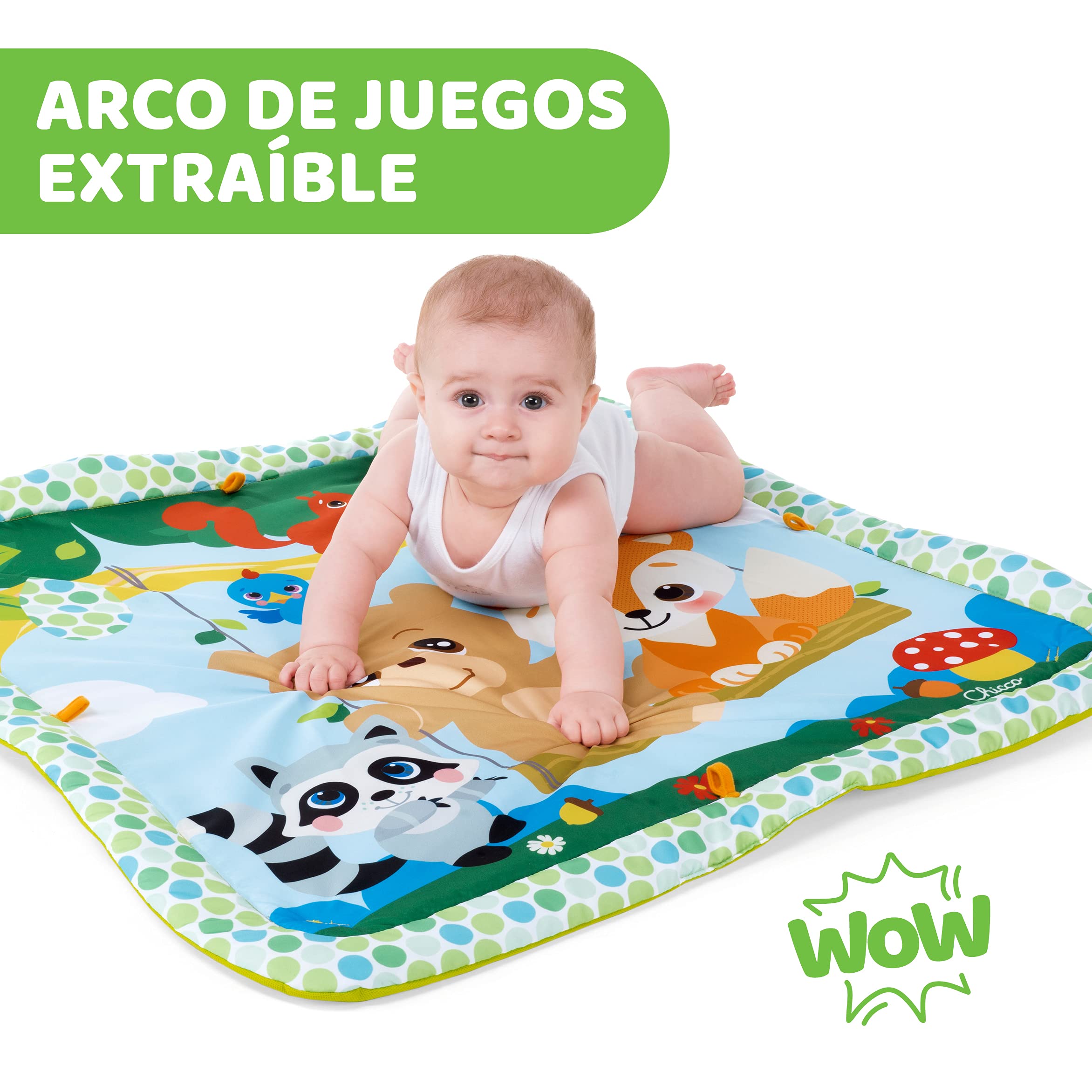 Chicco Descansa y Juega, Gimnasio Multifunción con Arco para Bebés, Manta de Actividades, 5 Muñecos Colgantes Extraíbles, Zorro de Peluche, Música Relajante y Luces Suaves – Juguetes Bebé 0+ Meses