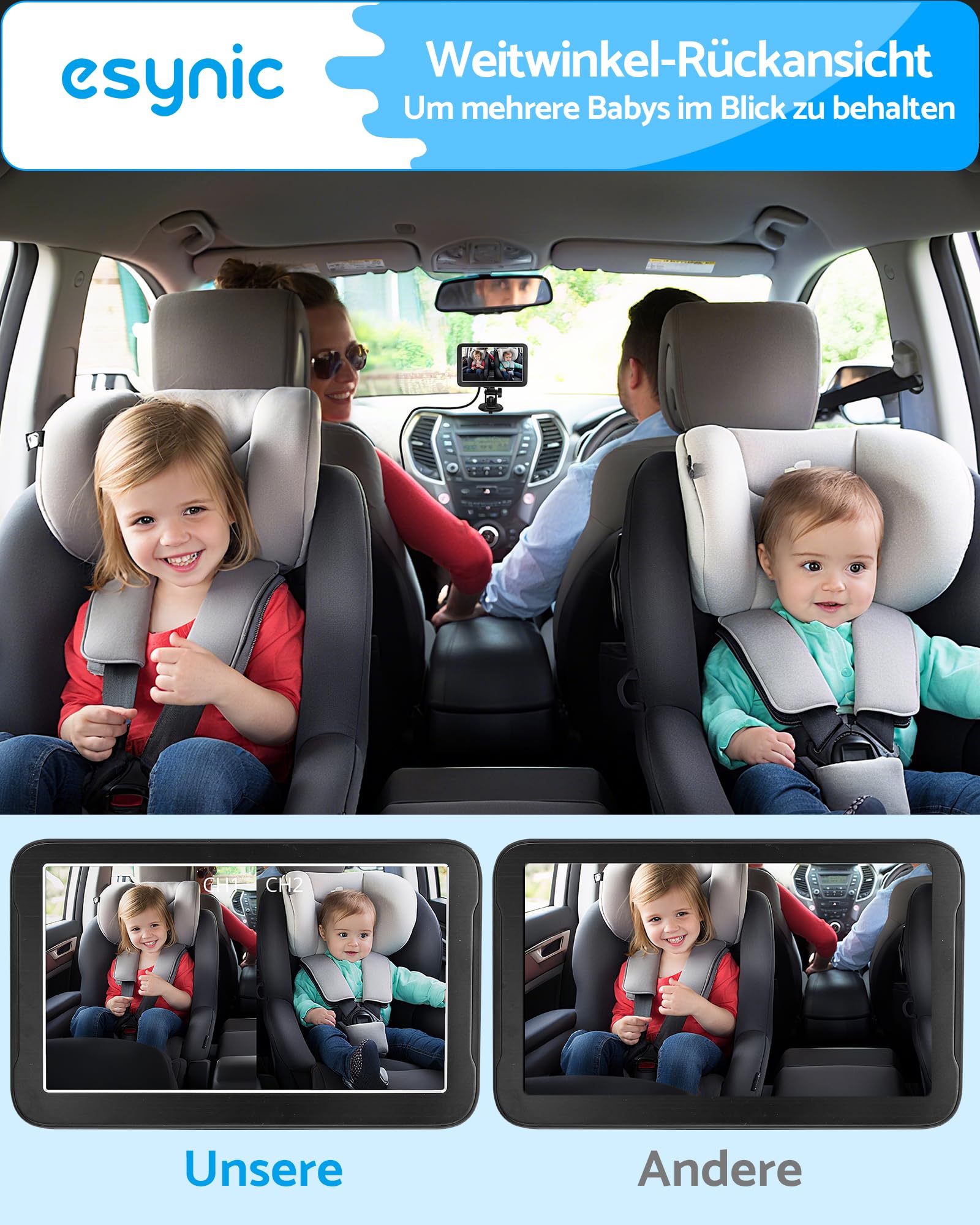 eSynic Autospiegel Baby Rücksitz Doppelmonitor 5" HD Rückspiegel für Auto, 1080P Nachtsicht Auto Rückspiegel Monitor, 170° Weitwinkel, 2 Kameras Unterstützt, 360° Drehbar, Sicher für Babys