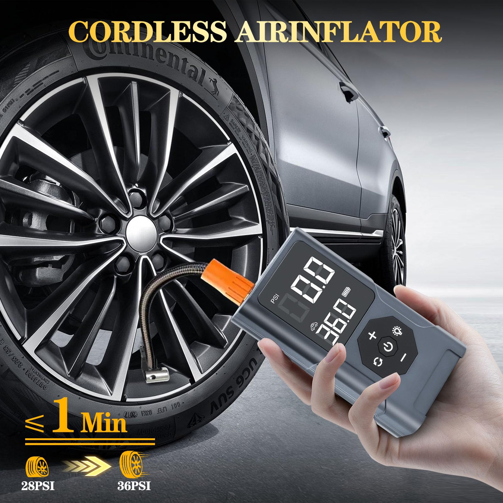 EFaith Compresseur À Air Portatif, gonfleur pneus voiture, Pompe À Velo Gonfleur Electrique, Gonfleur Pneu Sans Fil avec Batterie 3600mAh & 12V DC, LED et Arrêt Automatique Pour Voiture Vél Basket-bal