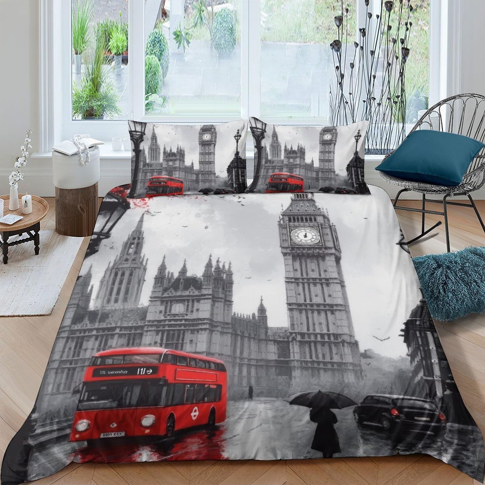 Ctjqhvkz Style-1 3D Printed London Big Ben Fitted Sheet Microfiber Red Bus Bed Cover Non-Slip Easy Care For Bedroom Dorm Decor Single（135X200cm）