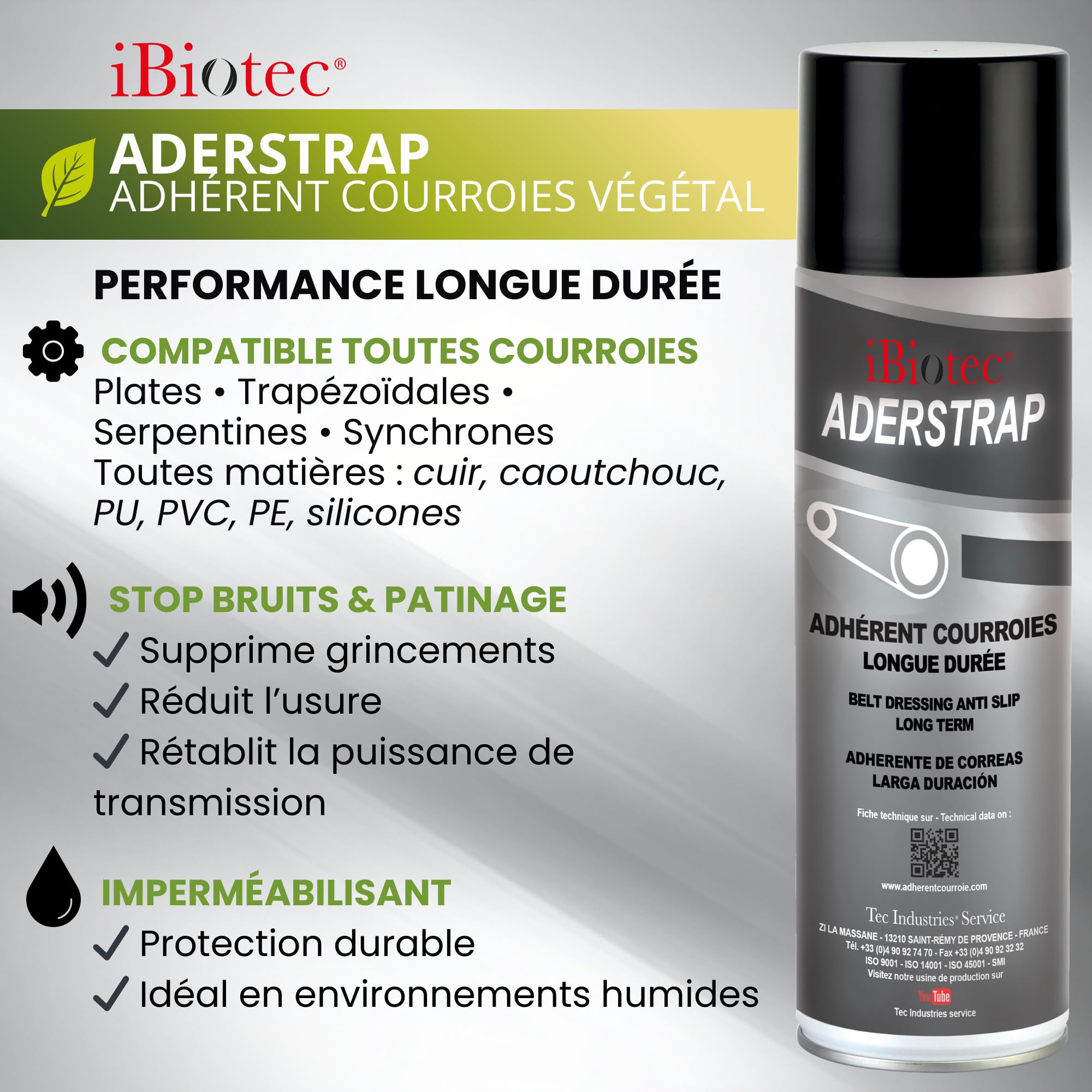 ADERSTRAP Spray Adhésif Courroies 400 ml – Augmente l’Adhérence, Supprime le Patinage et le Grincement – Maintenance Industrielle et Transmission