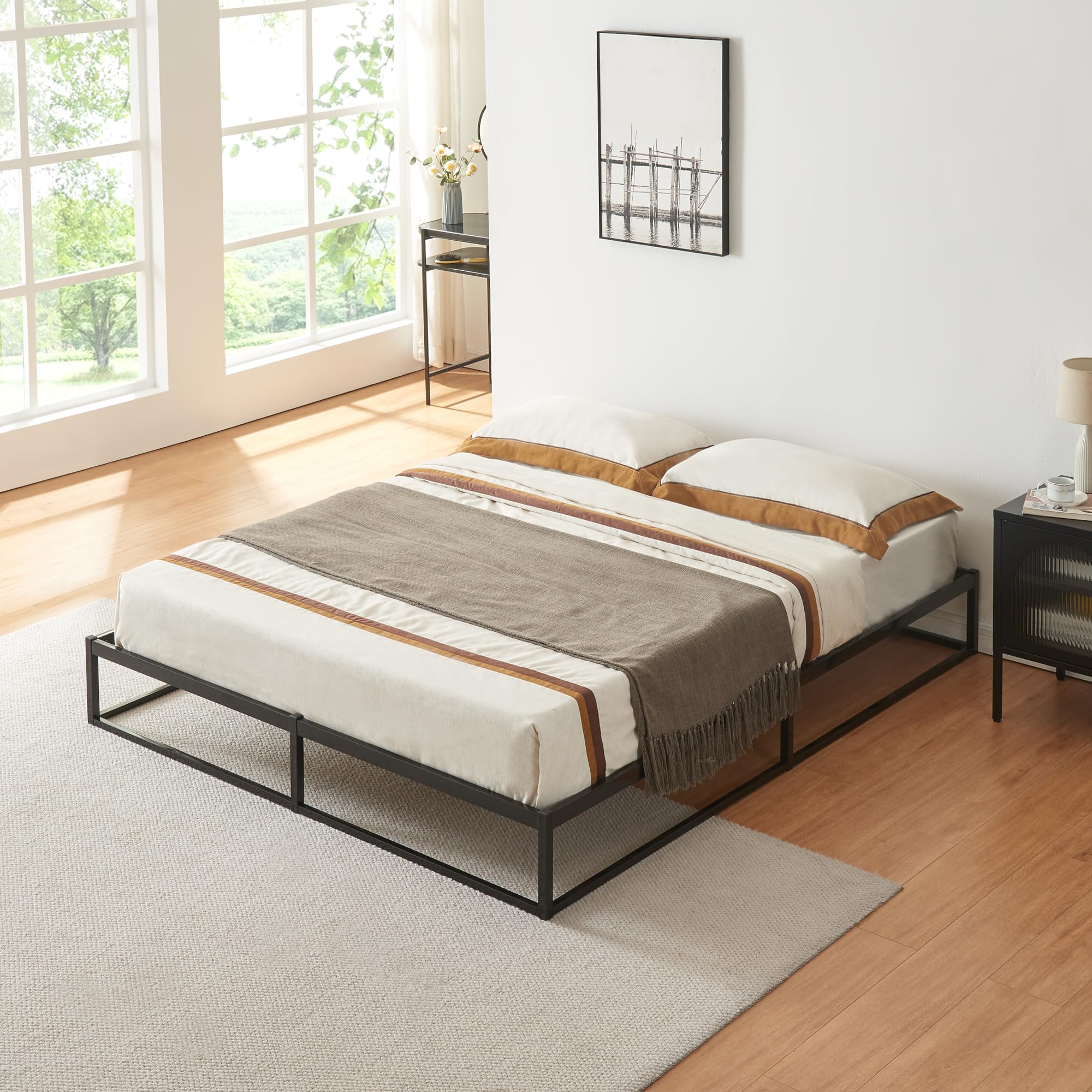 [en.casa] Struttura Letto Matrimoniale 160x200 cm in Acciaio Letto a 2 Piazze Senza Testiera e Pediera Letto Minimalista di Forma Rettangolare - Nero