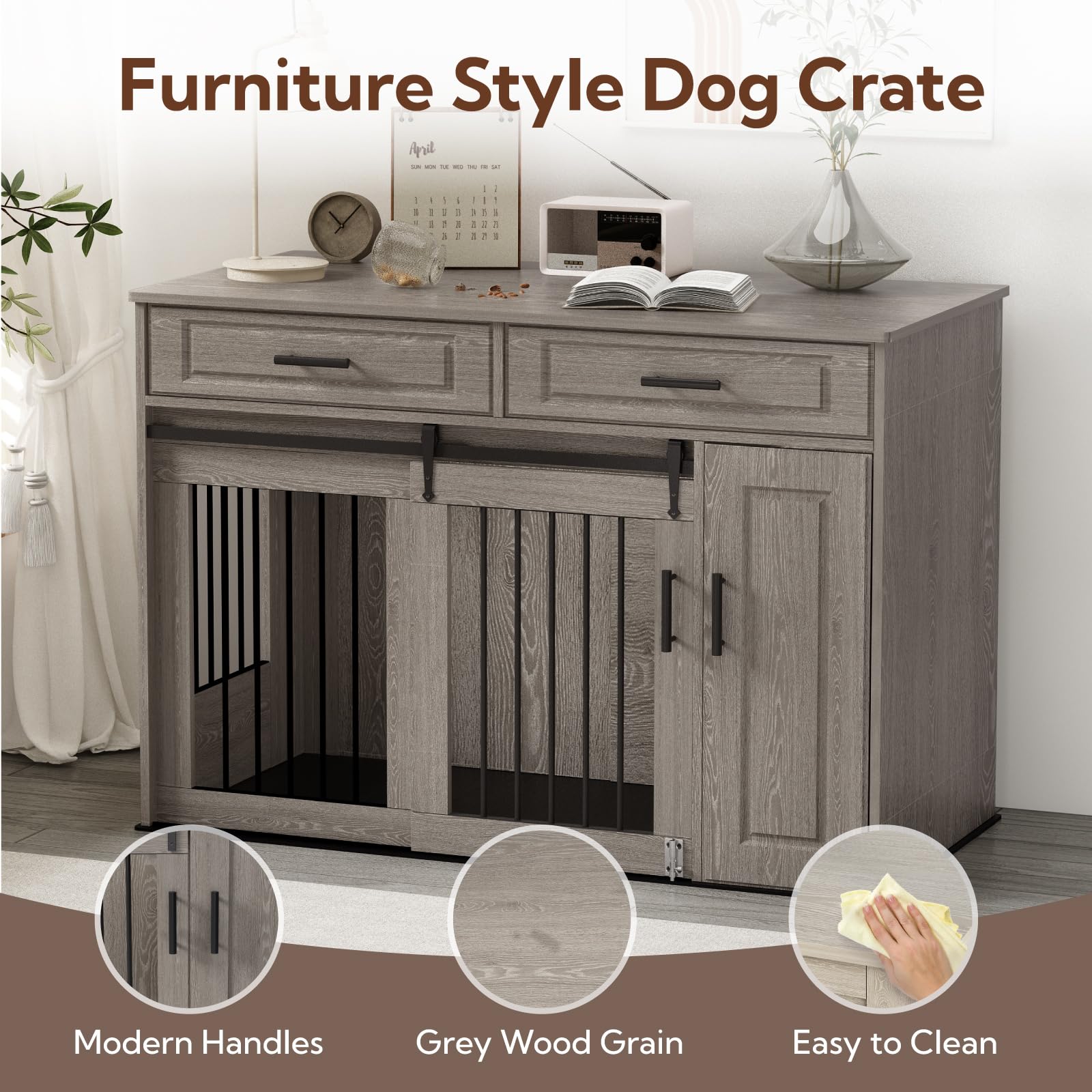 Mueble Estilo Perrera, Perrera Grande de Madera para Perros con Puertas Corredizas, Cajones y Armario, Casa para Perros con Cerradura, Interior, Mesa, Gris