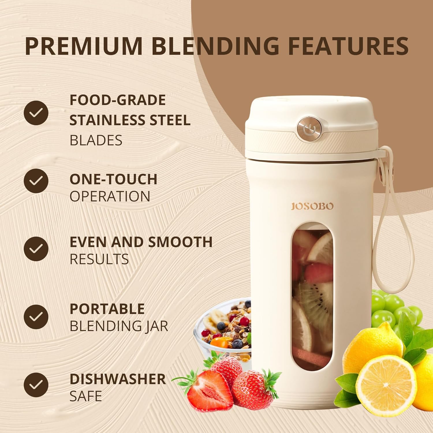 Portable Blender, JOSOBO Personal Size Blender for Shakes and Smoothies with 10 Ultra Sharp Blades, 16 Oz Mini Blender USB Rechargeable Type-C for Travel/Picnic/Office/Gym(Milky White)