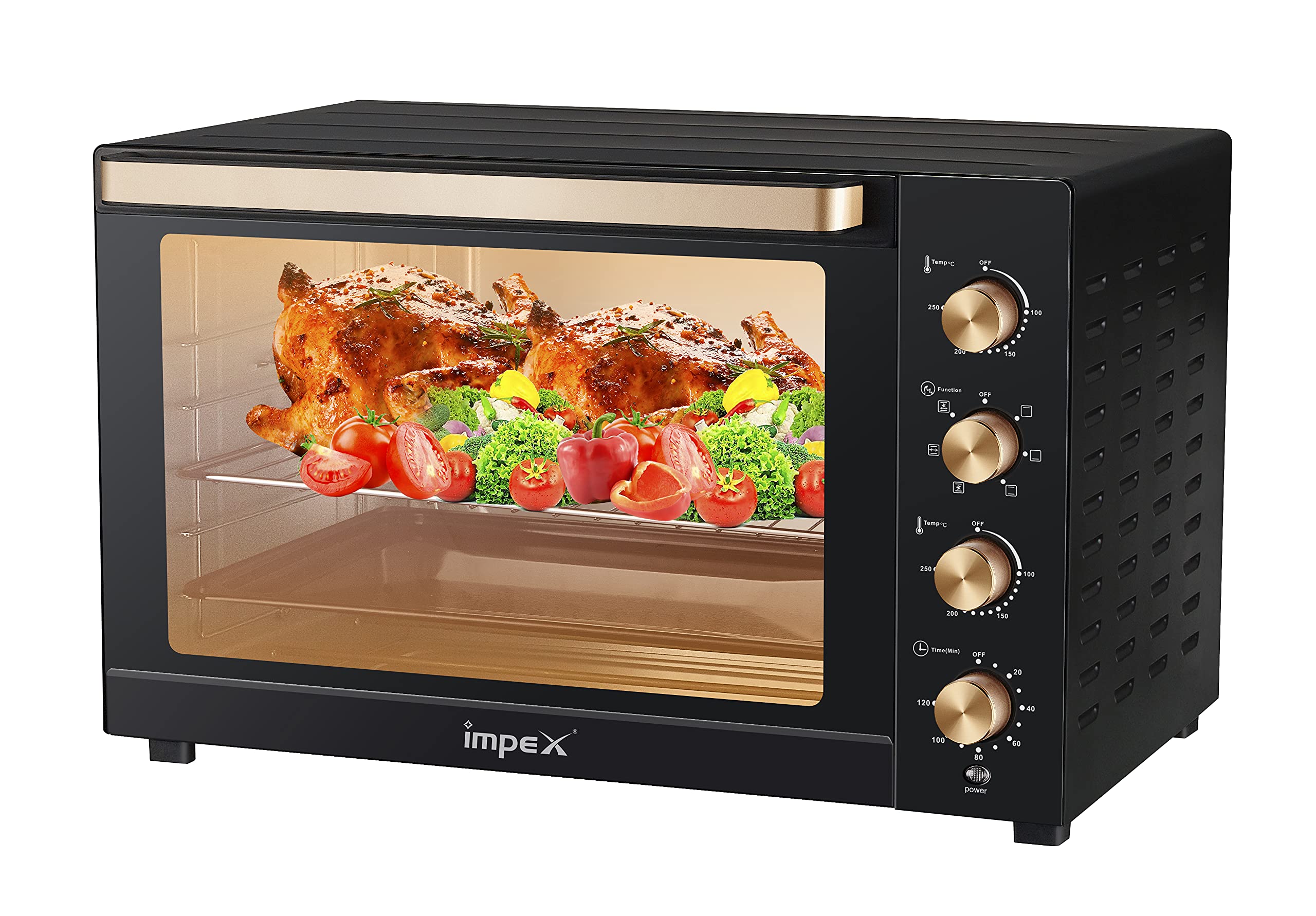 Impex OV 2905 Electric Oven next to its packaging box, showing a roasted chicken inside