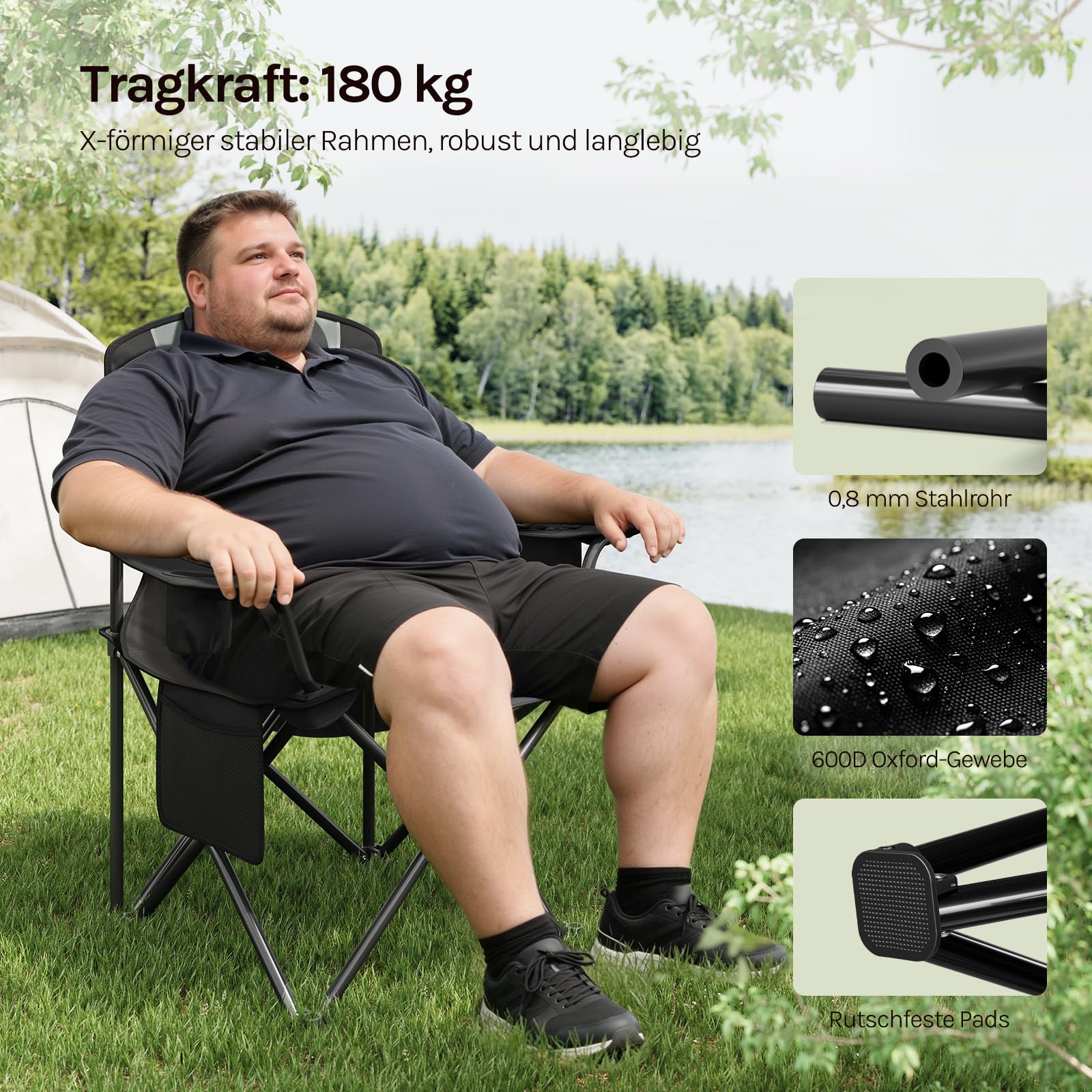 WOLTU Klappbarer Campingstuhl Hochrückig mit Kühltasche, Kopfstütze & Getränkehalter, Angelstuhl Gartenstuhl, Campingsessel bis 180kg Tragkraft, Wasserdicht 600D Oxford