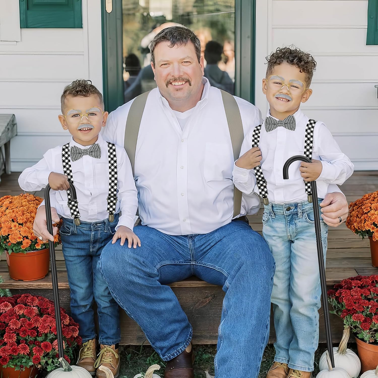 Horolam Kids Old Man Costume, Kids 100 Days of School Costume for Boys with Fake Beard Eyebrow Walking Cane Glasses Suspender