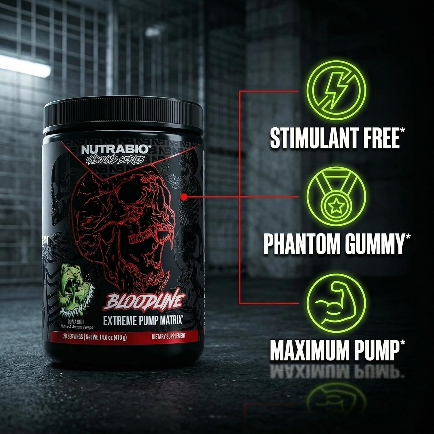 NutraBio Bloodline-Pump Pre Workout Pump Matrix- L-Citrulline, Glycerol, PeptiPump- NO Booster, Extreme Vascularity & Blood Flow,Hydration,Non Stim PreWorkout,Caffeine Free-Phantom Gummy-20 Servings