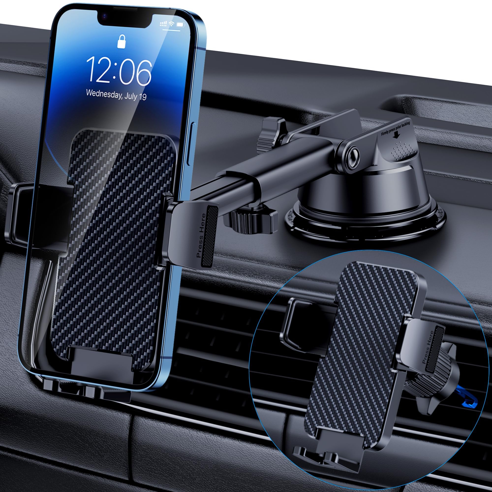 Phone Holders for Your Car [Military Grade Suction Ultra Strong Base] Cell Phone Car Holder 3 in 1 Dashboard/Windshield/Air Vent Hands-Free for iPhone Android
