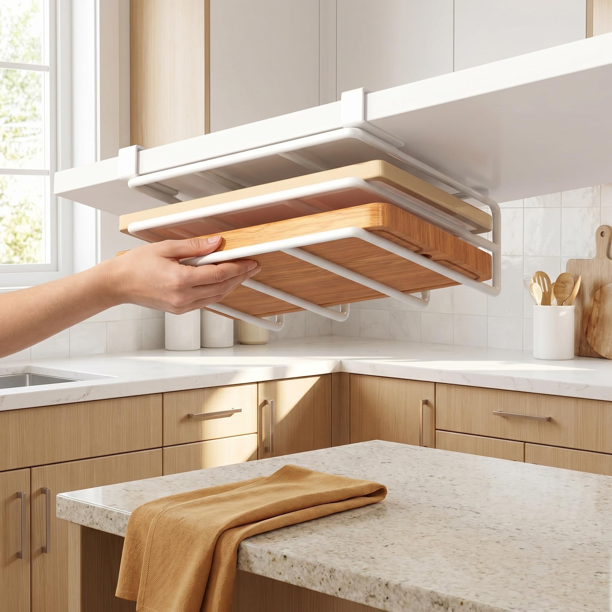 Porta Taglieri da Appendere sotto Il Pensile della Cucina, Organizer per Coperchi E Taglieri, Ripiano Salvaspazio per Pentole, Padelle E Taglieri White