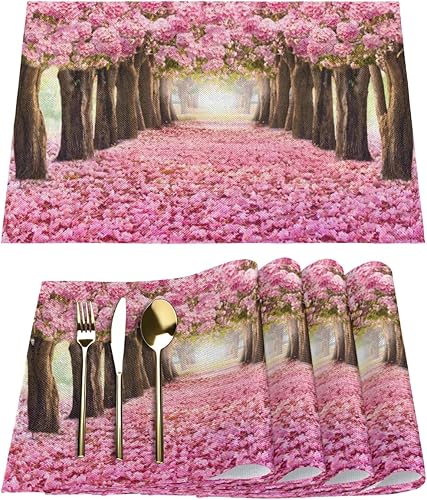 Flower Tree Cherry Blossom Placemats Set of 6 Fabric Placemats Square Placemat for Kitchen Table Heat Resistant, Easy to Clean Table Placemats 12x18