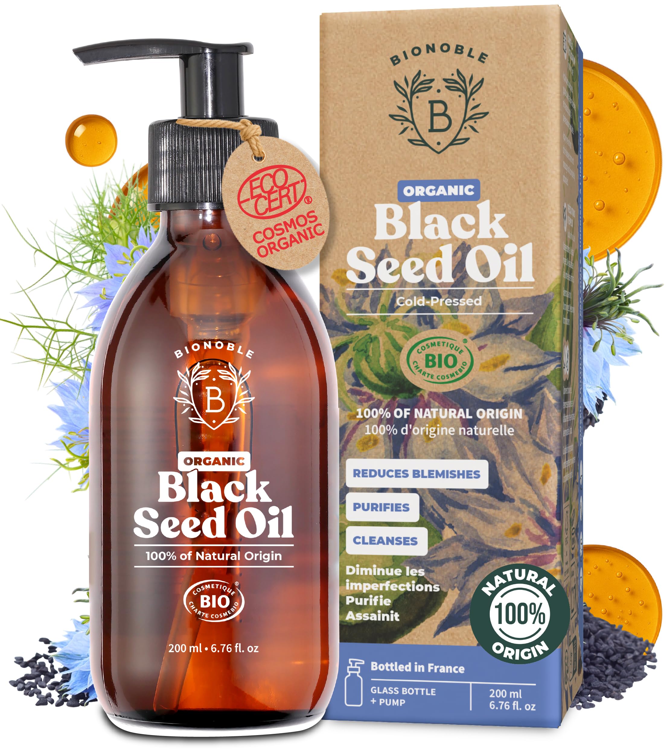 Bionoble Pure Organic Black Seed Oil, Cold Pressed - Glass bottle + Pump - Black Cumin Seed Oil for Hair Growth - Anti-Acne, Purifying Skin Care - Nigella Sativa - 200ml