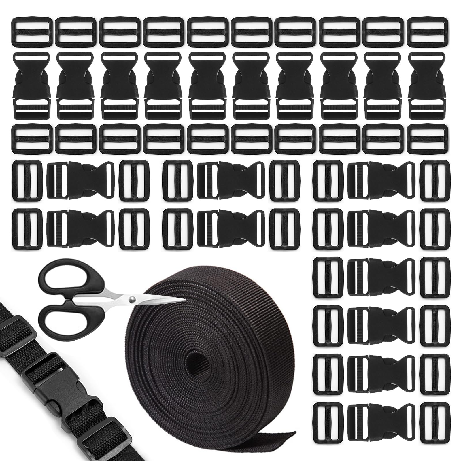 Nylon Webbing Strap, 25mmx10m Backpack Chest Strap, Nylon Heavy Webbing Straps 20 Sets Flat Side Release Buckles and Tri-Glide Slides for DIY Bags Backpack Cargo Strapping