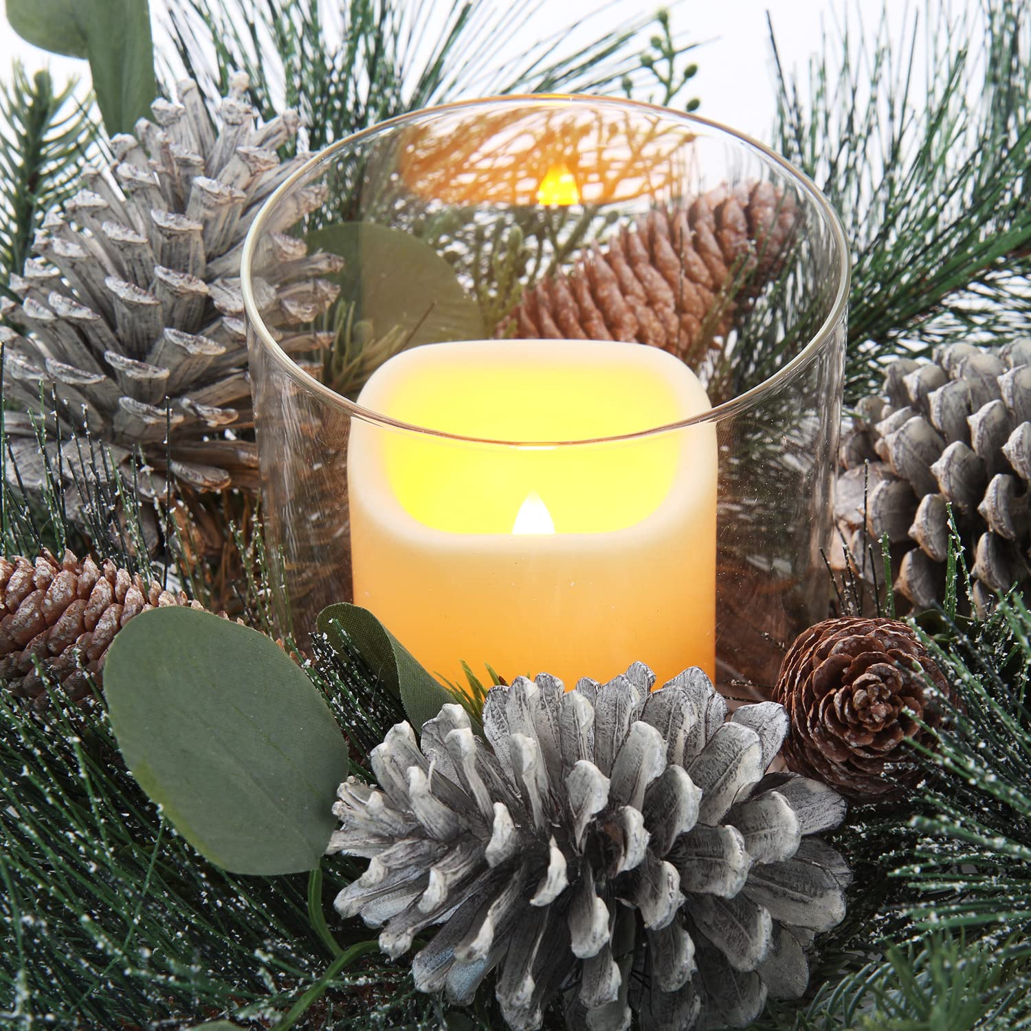 Oairse Guirnalda Corona Artificial de adviento Navidad candelero Vela de 46 cm sin Llama Desmontable decoración piña Seca Hojas de Pino