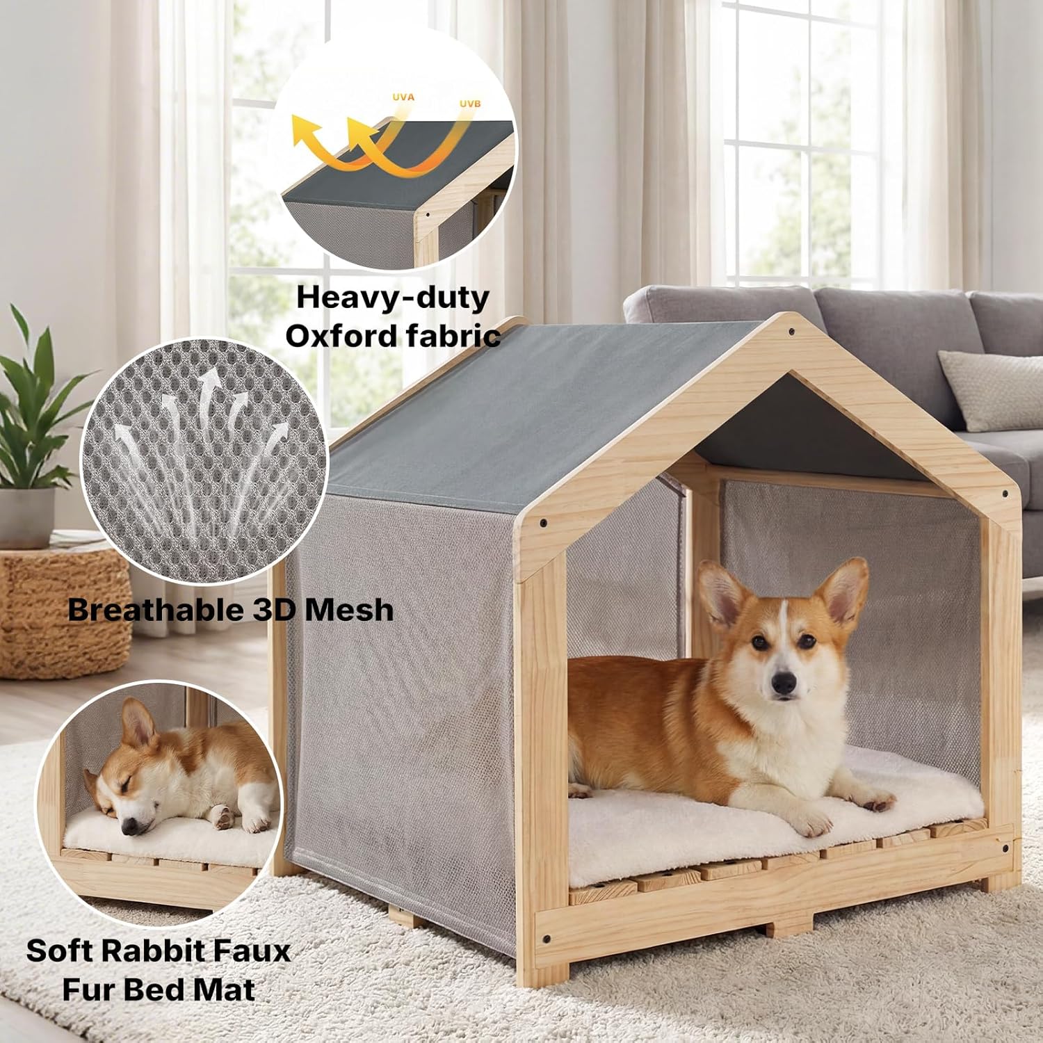 Veehoo Indoor Dog House, Solid Wood Dogs House Bed with Washable Removable Cover, Cozy Breathable Dog Houses Indoor for Small to Medium Size Dogs up to 70lbs
