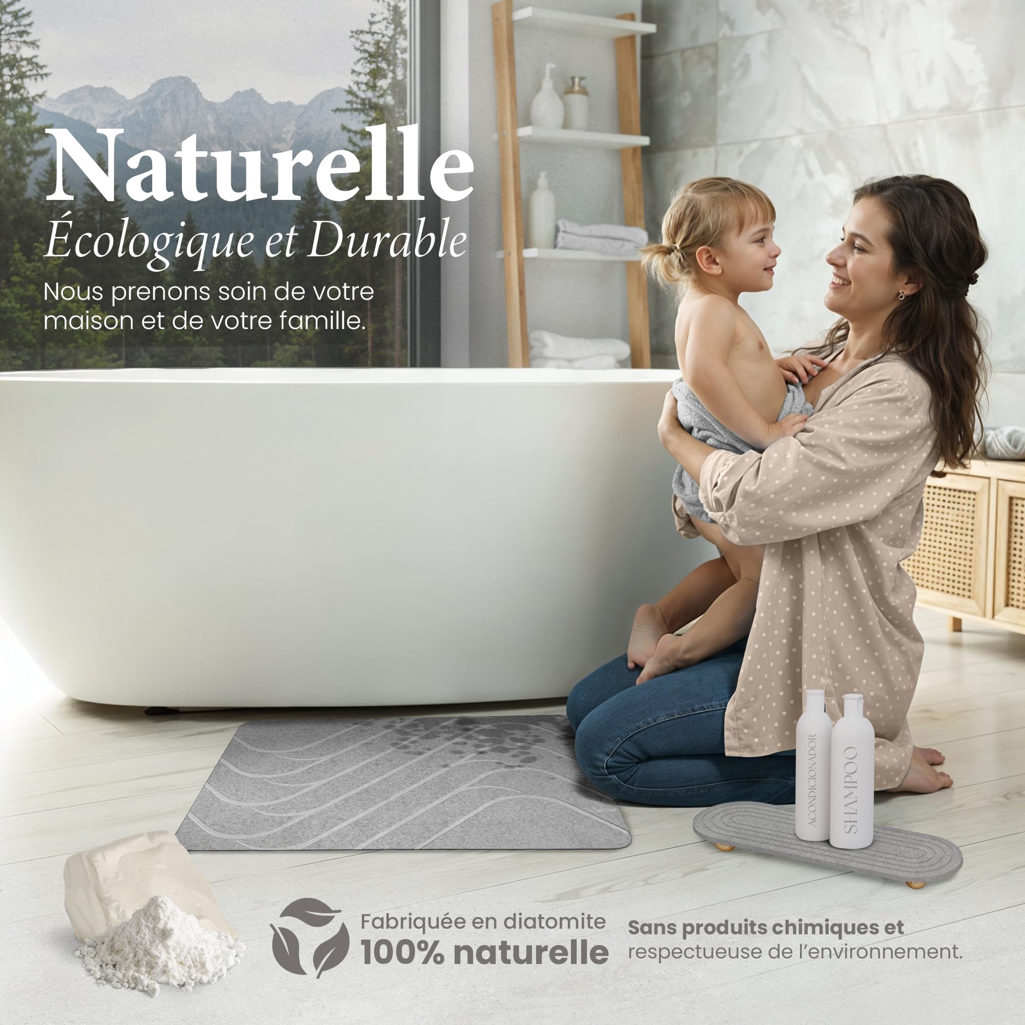 Tapis de Bain Diatomite 60×39 cm Antidérapant Absorbant Hygiénique Résistant aux Moisissures Séchage Rapide