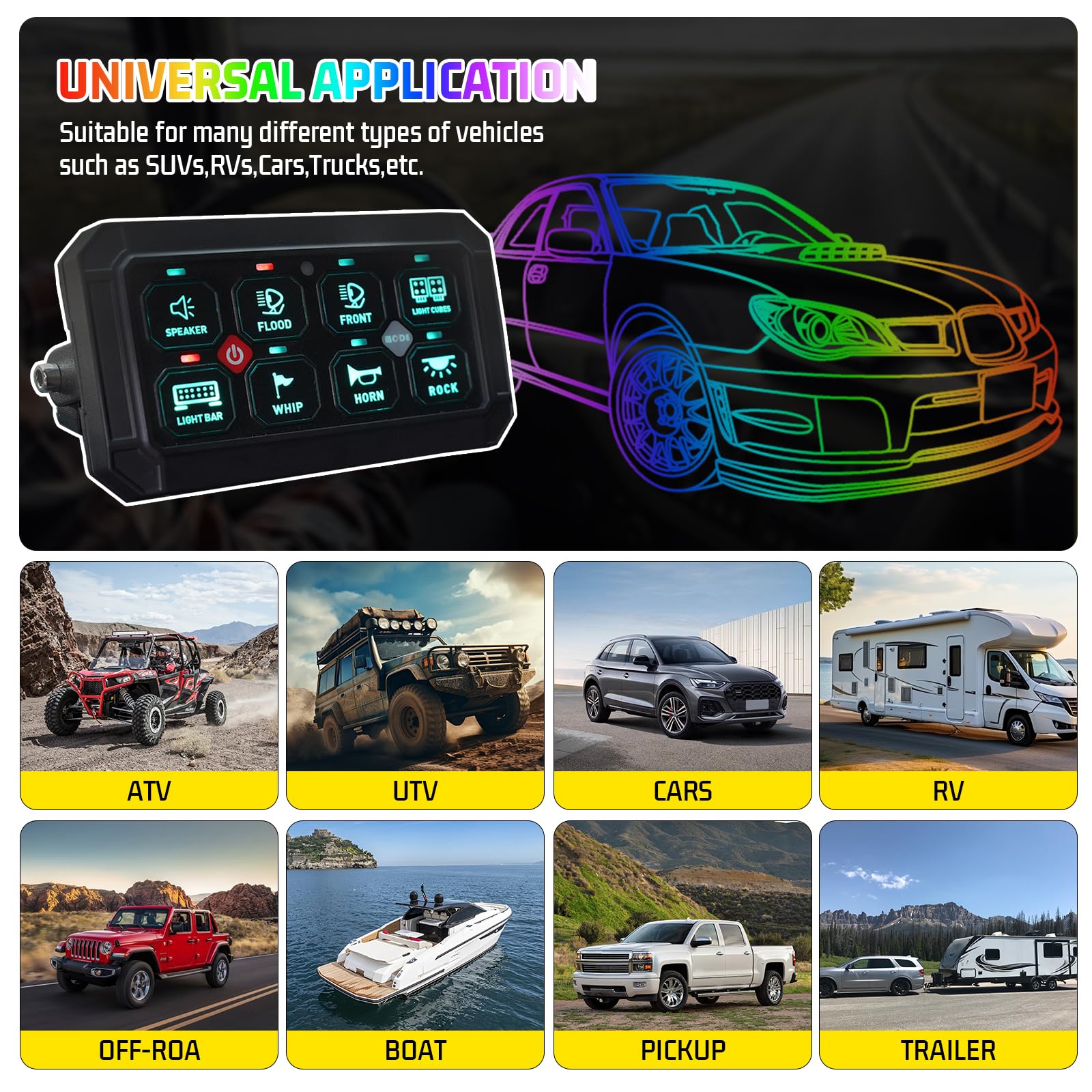 8 Gang Schalter Panel 12V/24V, Universal Circuit Control Relais System | Smart Schaltpanel Kit, Dimmbar LED Touch Schalter Panele RGB Sieben Farbe für Auto LKW Wohnmobile Boot UTV SUV