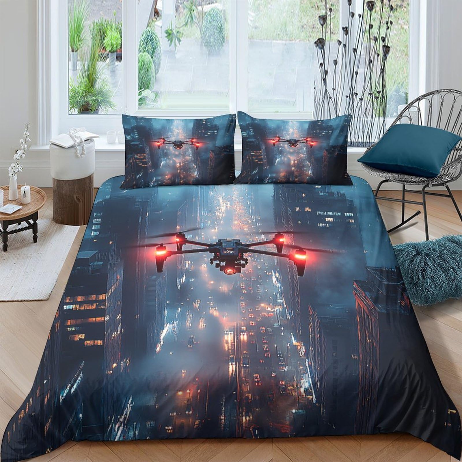 Ctjqhvkz Style-5 3D Printed Night City Drone Fitted Sheet Microfiber Soft Anti-Slip Urban Skyline Bed Cover For Bedroom Dorm Decor Single（135X200cm）