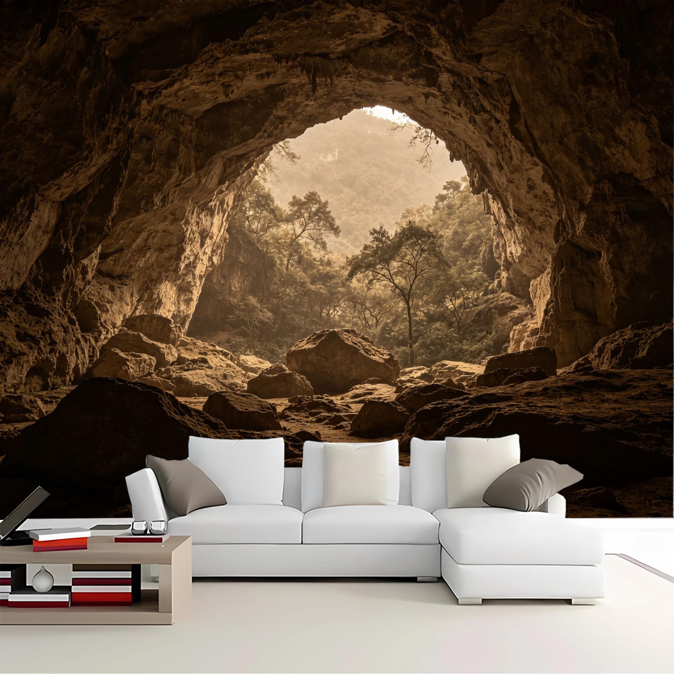 Custom Size Wall Mural Cave View Misty Forest Sepia Tone Removable Self Adhesive Peel and Stick Wallpaper for Bedroom Living Room Dining Room