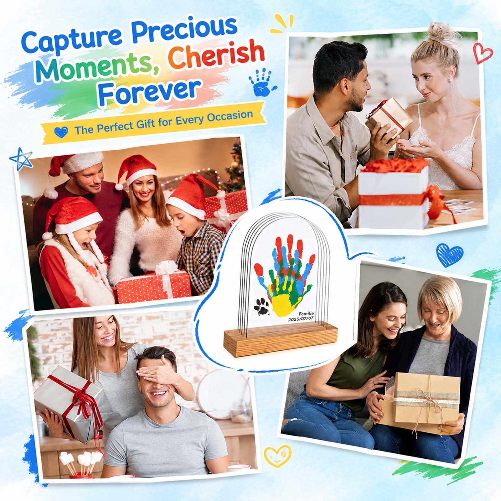 Kit Empreintes Familiales pour 5 Personnes, Peinture à Doigts Bébé Non Toxique, Cadeau de Naissance