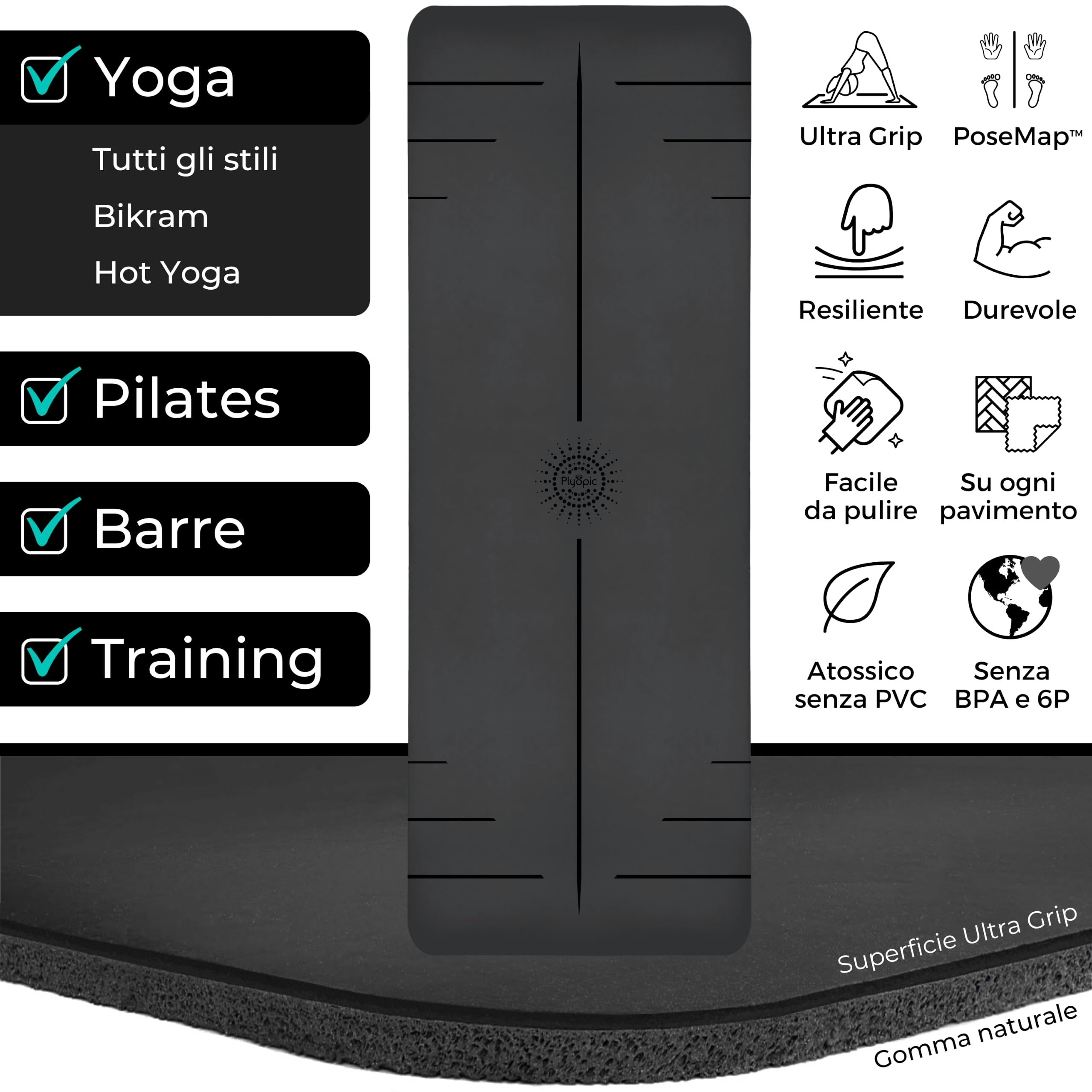 Plyopic Tappetino Yoga Ultra-Grip Pro | Antiscivolo ESTREME - Presa Asciutta e Bagnata - Linea di Allineamento - Per Yoga, Pilates, Esercizio, Bikram e Hot yoga