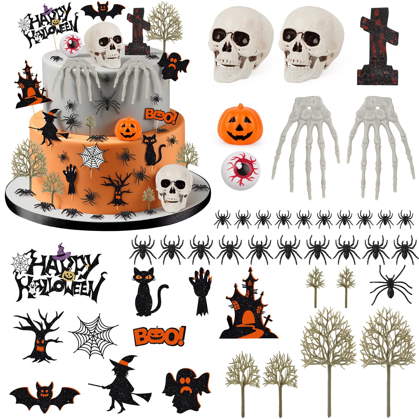 43 Pieces Halloween Themes Cake Decorations Set with Pumpkin, Ghost, Spider, Wizard, Cat Cake Toppers & Cupcake Toppers for Halloween Night Theme Birthday Party Decorations