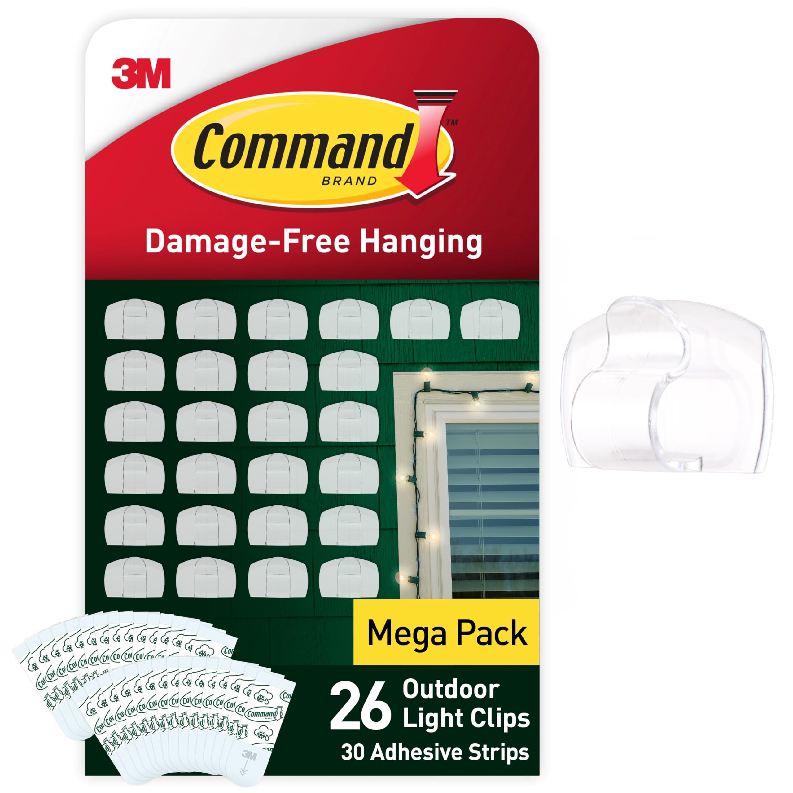 Command Transparent Outdoor Decorating Clips - Value Pack Of 26 Mini Hooks And 30 Small Adhesive Strips - Clips For Hanging Decorations And Fairy Lights Outdoors - Damage Free Hanging