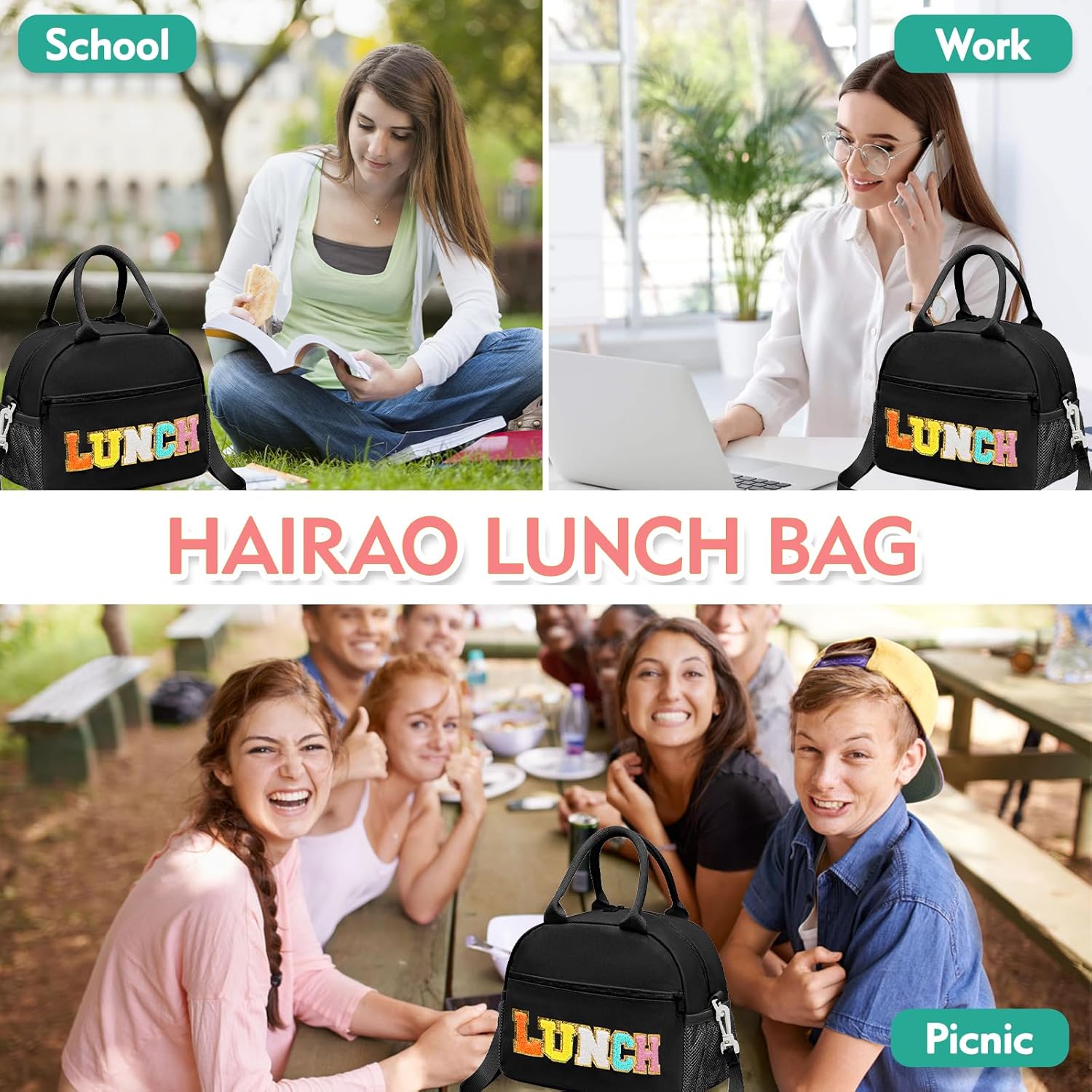 Lunch Bag for Women and Girls, Aesthetic Preppy Insulated Lunch Tote, Large Reusable Lunch Box with Gold Chenille Letters, Detachable Strap for School, Work & Picnic, Black - Image 6