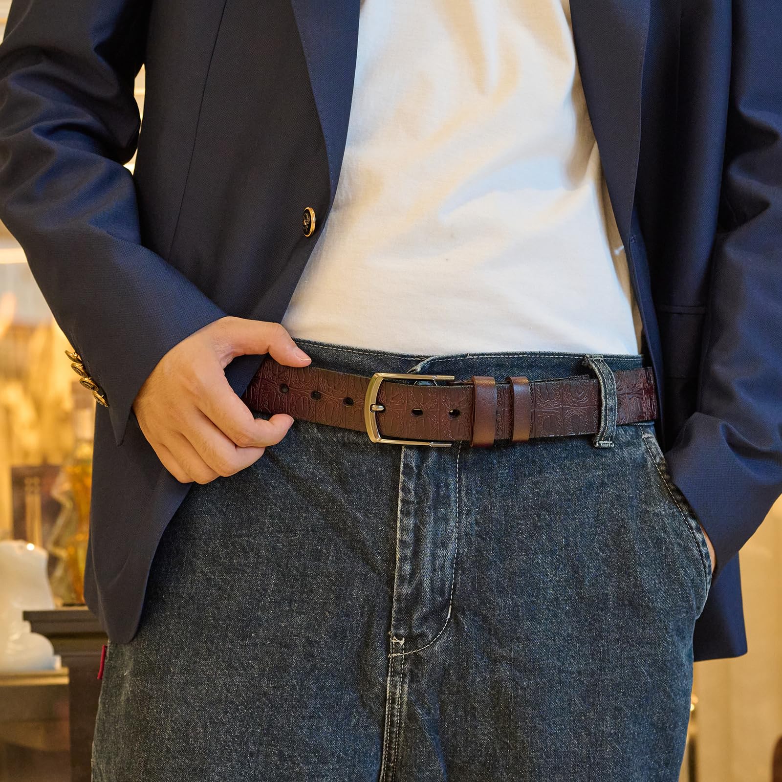 Bighake Genuine Leather Embossed Belt for Men – Western Leather Belt for Men, Adjustable Size for Business & Casual Wear, Size 34''-36''