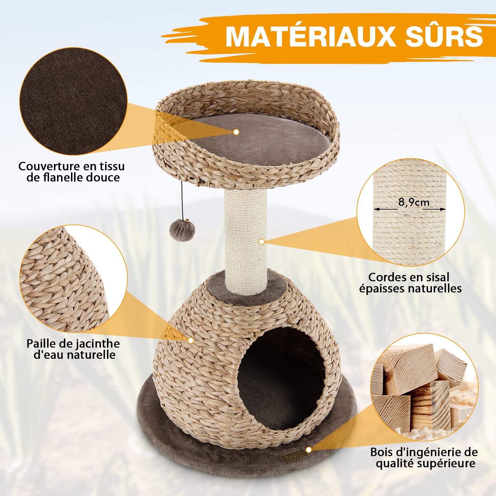 GOPLUS Arbre à Chat 72 CM en Tige de Massette, 2 Niveaux, avec Plateforme, Niche, Poteaux en Sisal, Coussin Souple, Boule pour Chats et Chatons, Marron et Beige