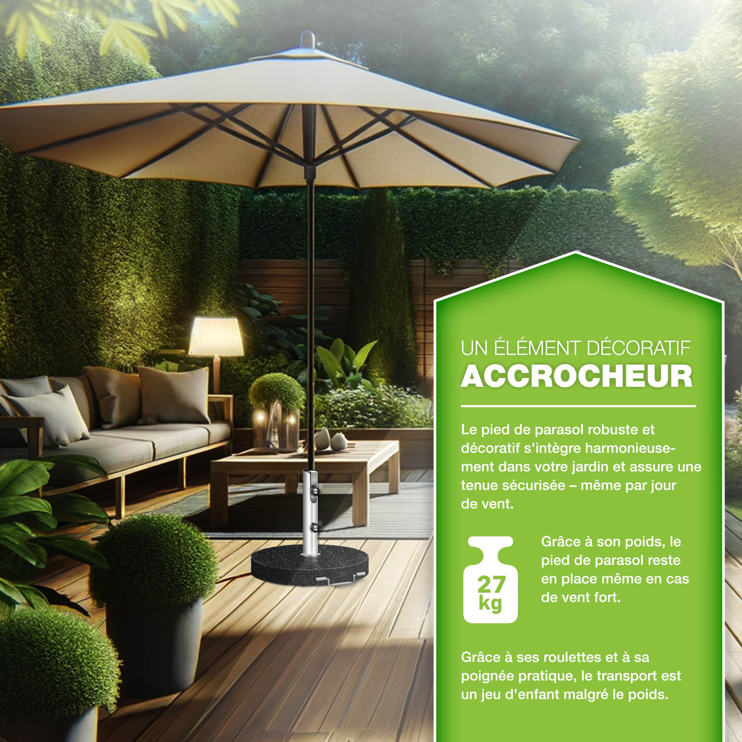 tillvex® Pied de Parasol Rond en Granit avec roulettes - 27 kg | avec Tube en Acier Inoxydable | Parasol Lestage Pieds Base pour pour Parasol déporté mâts de 16 à 48 mm et 250 cm de diamètre