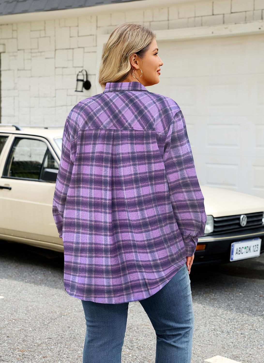 Womens Plaid Shirts Plus Size Soft Long Sleeve Button Down Flannel Shirt Roll Up Oversize Checkered Blouse Top - Image 6