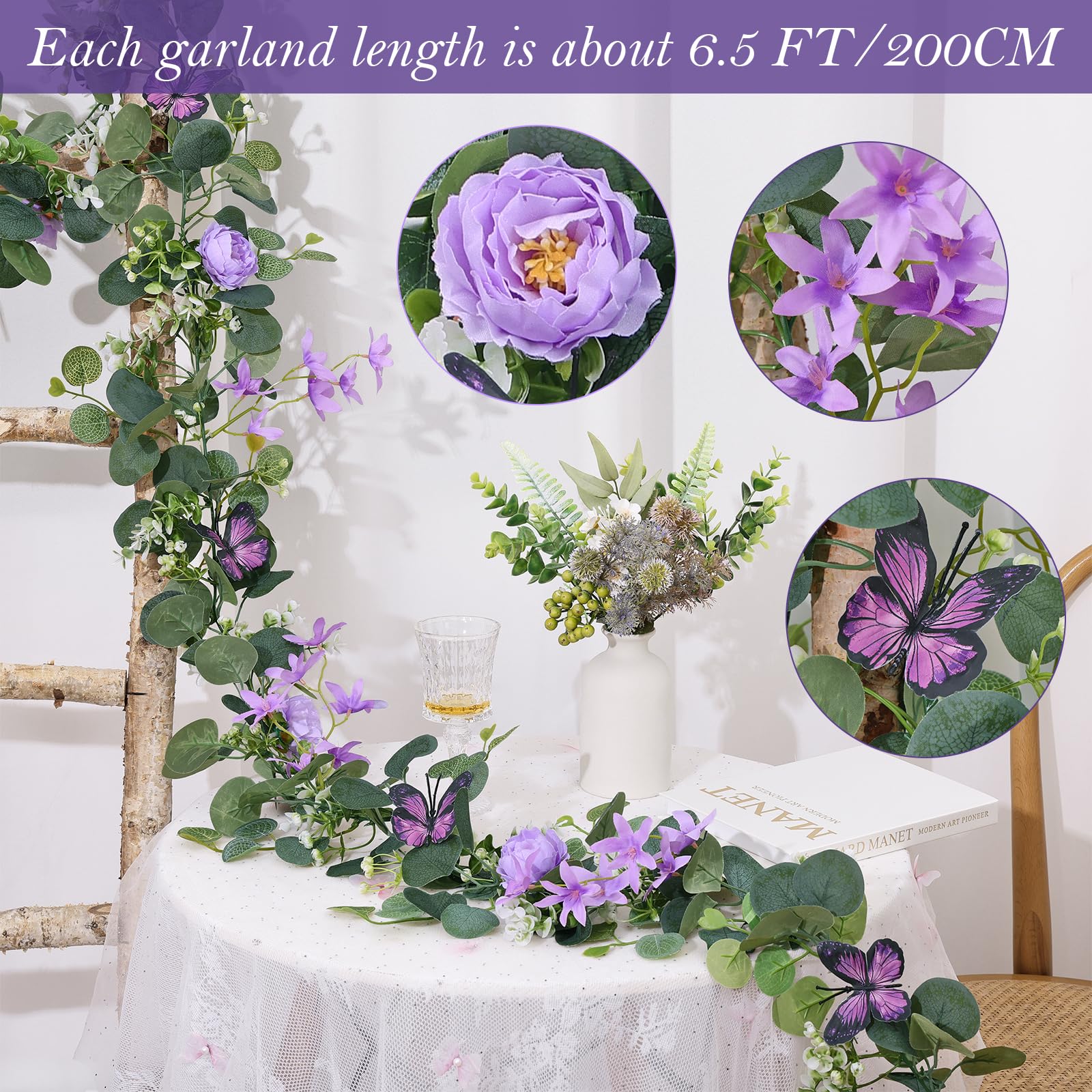 Ghirlanda di fiori artificiali da 200 cm, con farfalla, fiori di rosa finta, piante rampicanti da appendere, ghirlanda verde per cerimonie, casa, giardino, decorazione per feste di nozze