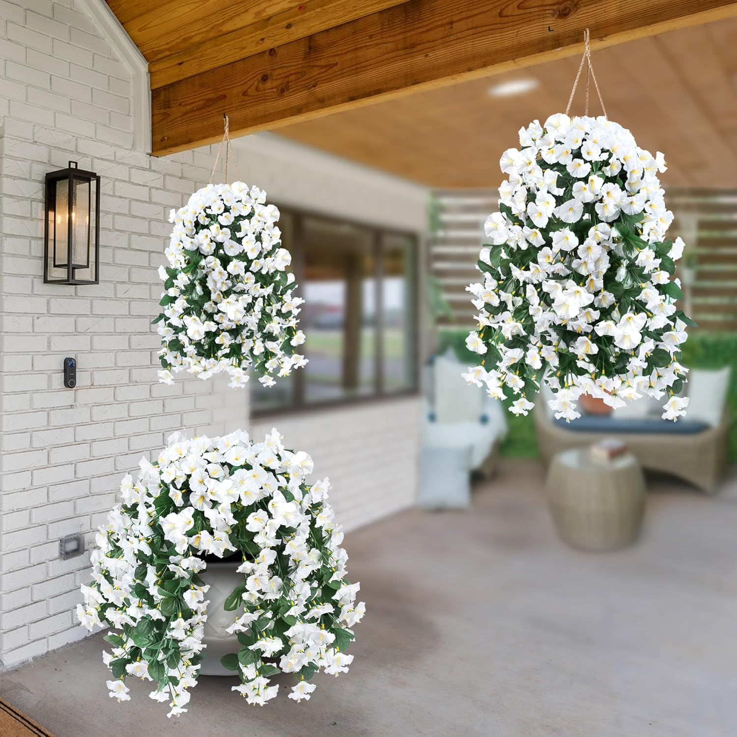 Sggvecsy Artificial Fake Hanging Flowers Plants for Outdoor Outside Spring Summer Decoration 4PCS Faux Silk UV Resistant Realistic Morning Glory Trailing Vines for Home Porch Patio Balcony(White) - Image 5