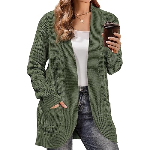HRUTANE Womens Cardigan Sweaters Long Sleeve Open Front Cable Knit Loose Casual Soft Outwear Coat with Pockets