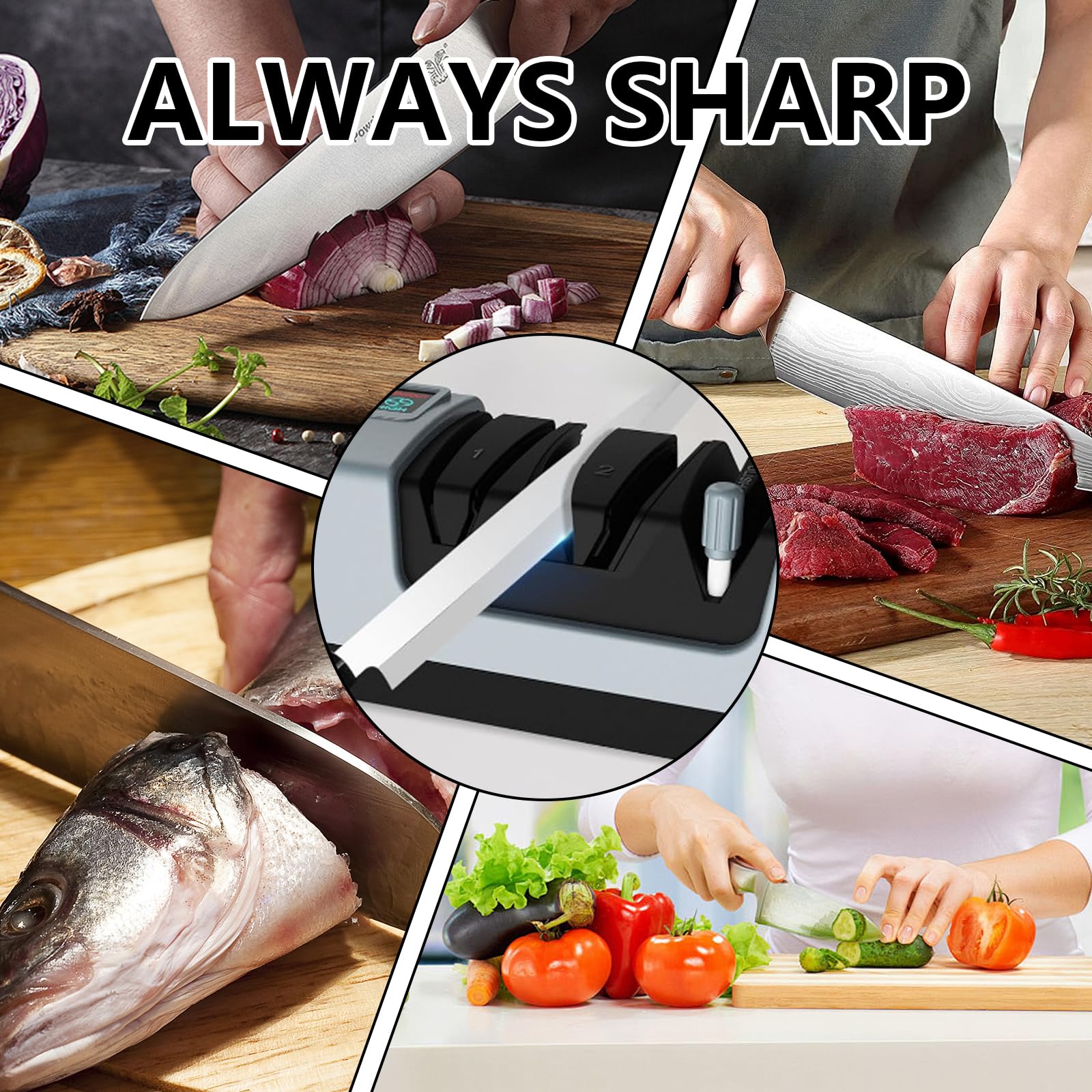 Affilacoltelli Elettrico, Affilacoltelli Multifunzione a 3 Velocità Diamantati con Display Guide Precise per Coltelli da Cucina, Forbici e Cacciaviti