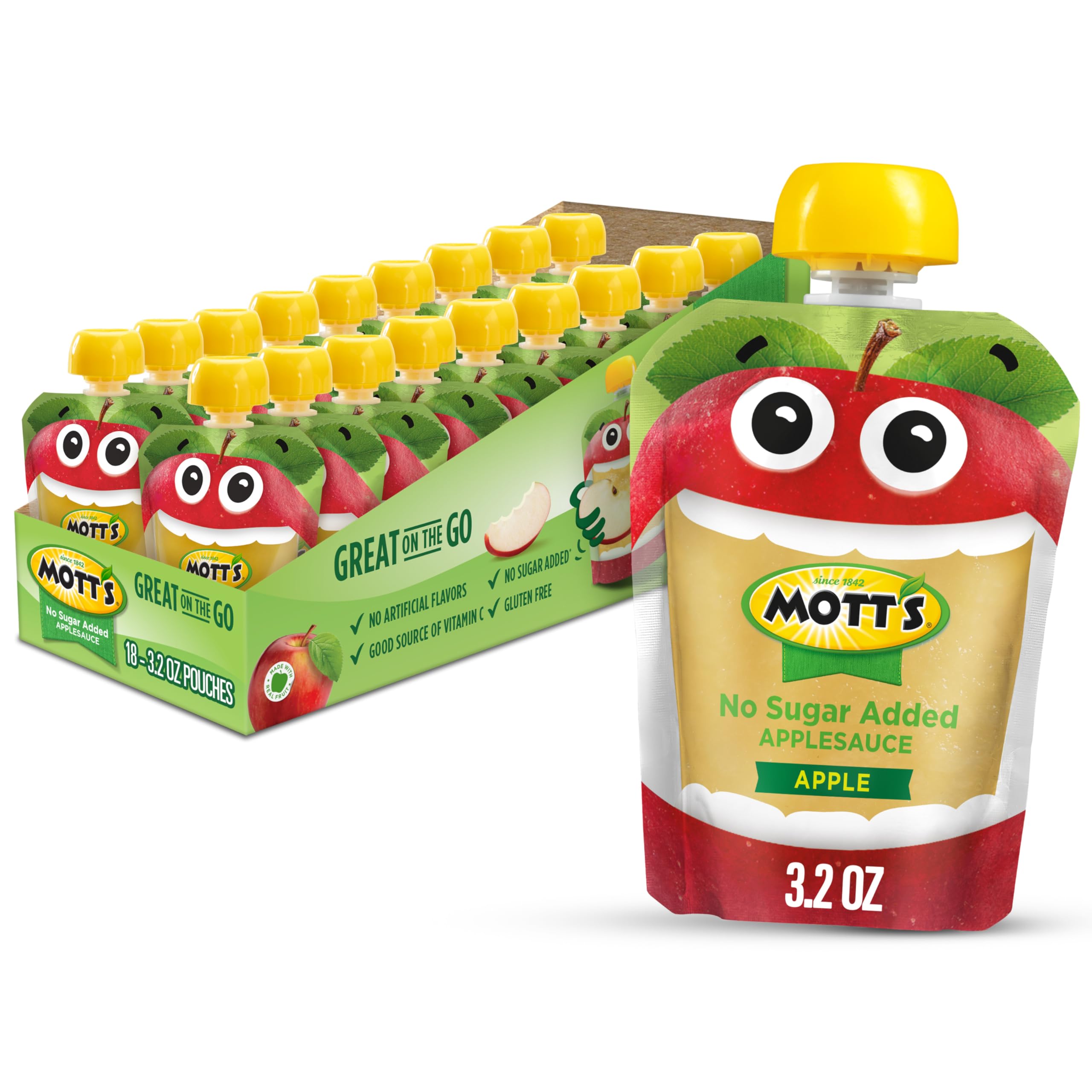 Mott's Puré de manzana sin azúcar añadido, bolsas transparentes de 3.2 onzas, paquete de 18