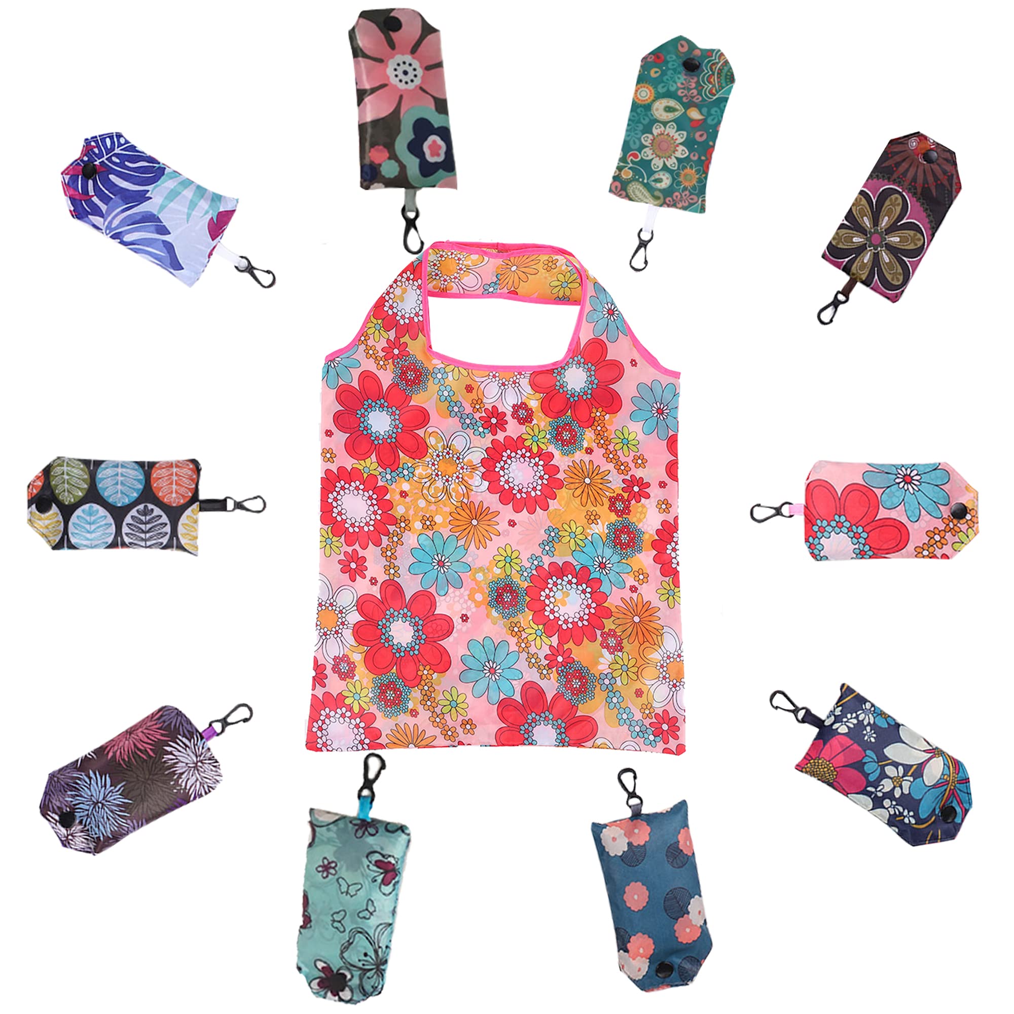 10 Pack Cute Bird Owl Elephant Dog Leaves Stars Print Reusable Grocery Bags Portable Foldable Shopping Bag with Hook