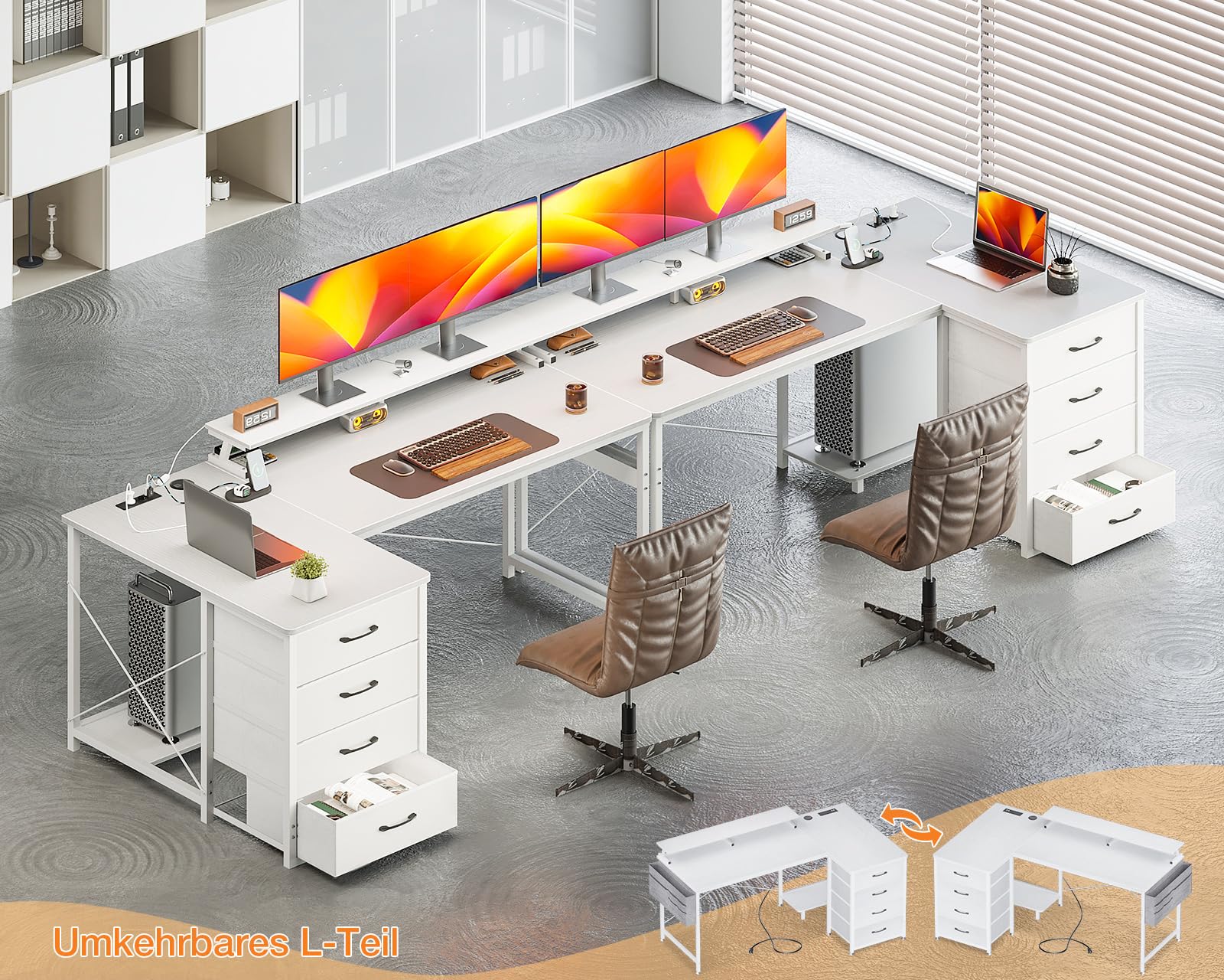 ODK Eckschreibtisch mit 4 Schubladen und Steckdose, 160×80 cm, Weiß | L-Förmiger Ecktisch mit Monitorständer, Schreibtisch, Reversibel, für Arbeitszimmer & Familienecke