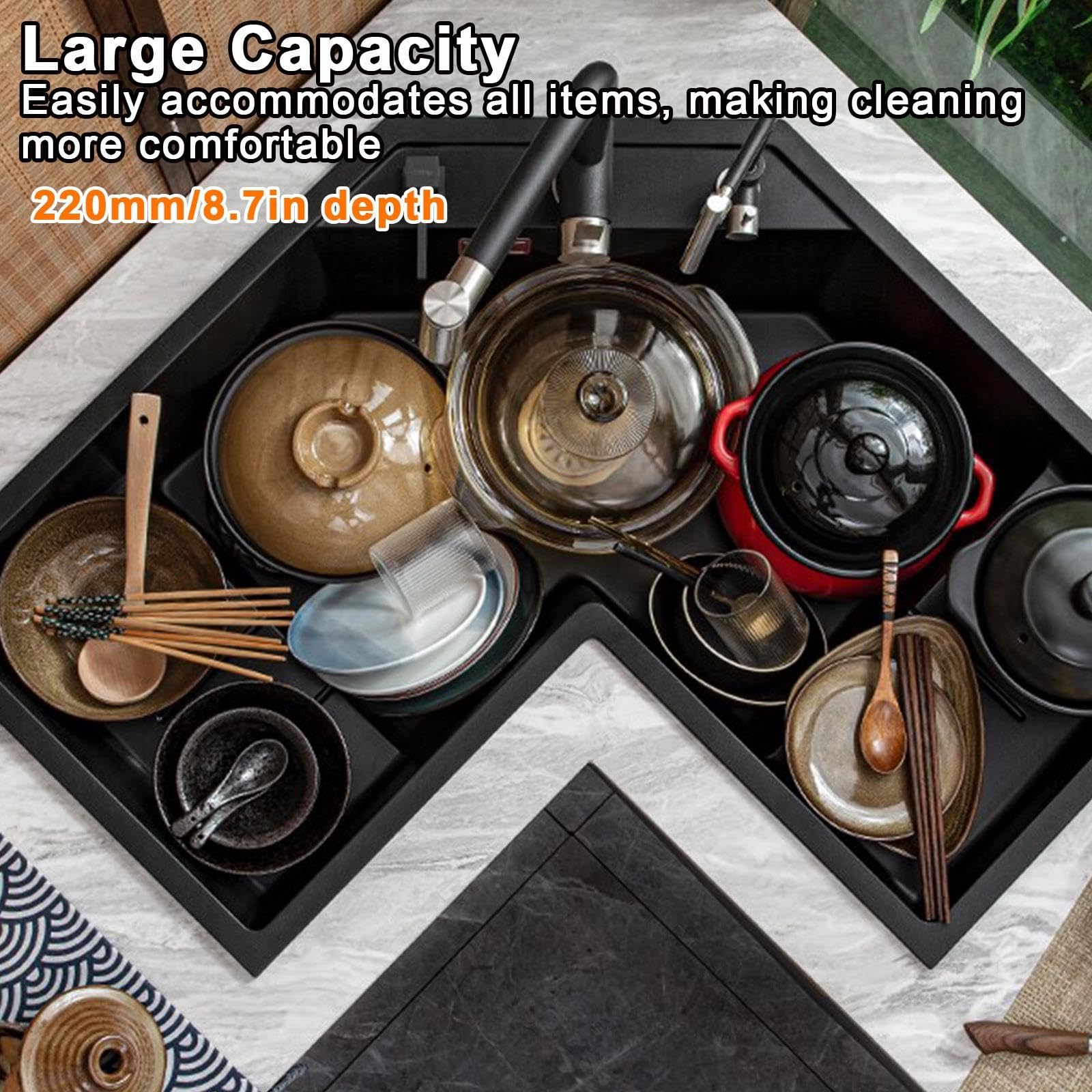 Zlew Kuchenny Narożny, Kwarcowy, Głębokość 220 Mm, w Kształcie Litery L