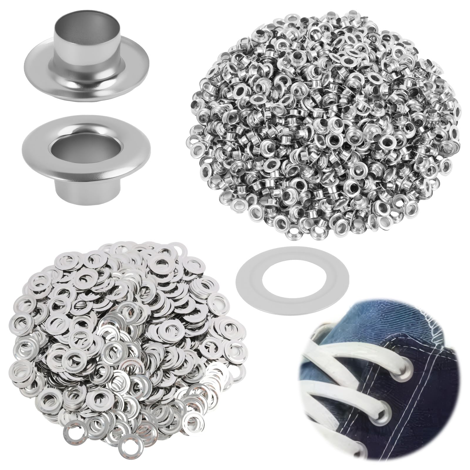 1000 sztuk, srebrny metalowy zestaw oczek i podkładek, oczko do szycia, montaż nitów oczek, oczka ze stali nierdzewnej, do wzmocnienia odzieży, butów, trwałe (6 mm)