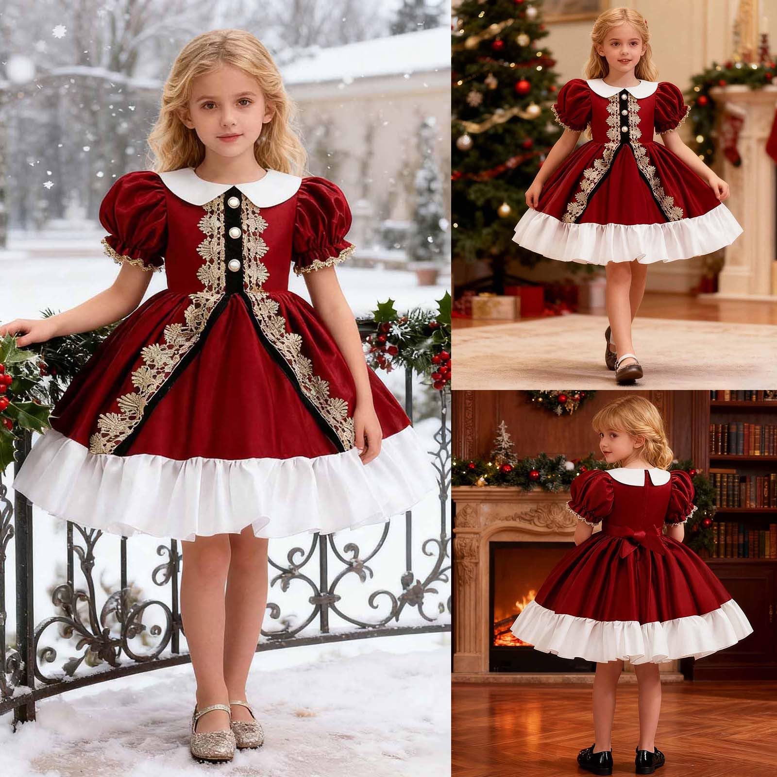 Vestiti Natale Bambina, Vestito da Festa per Bambina,a Maniche Corte,con Ricamo Natalizio,in Costume